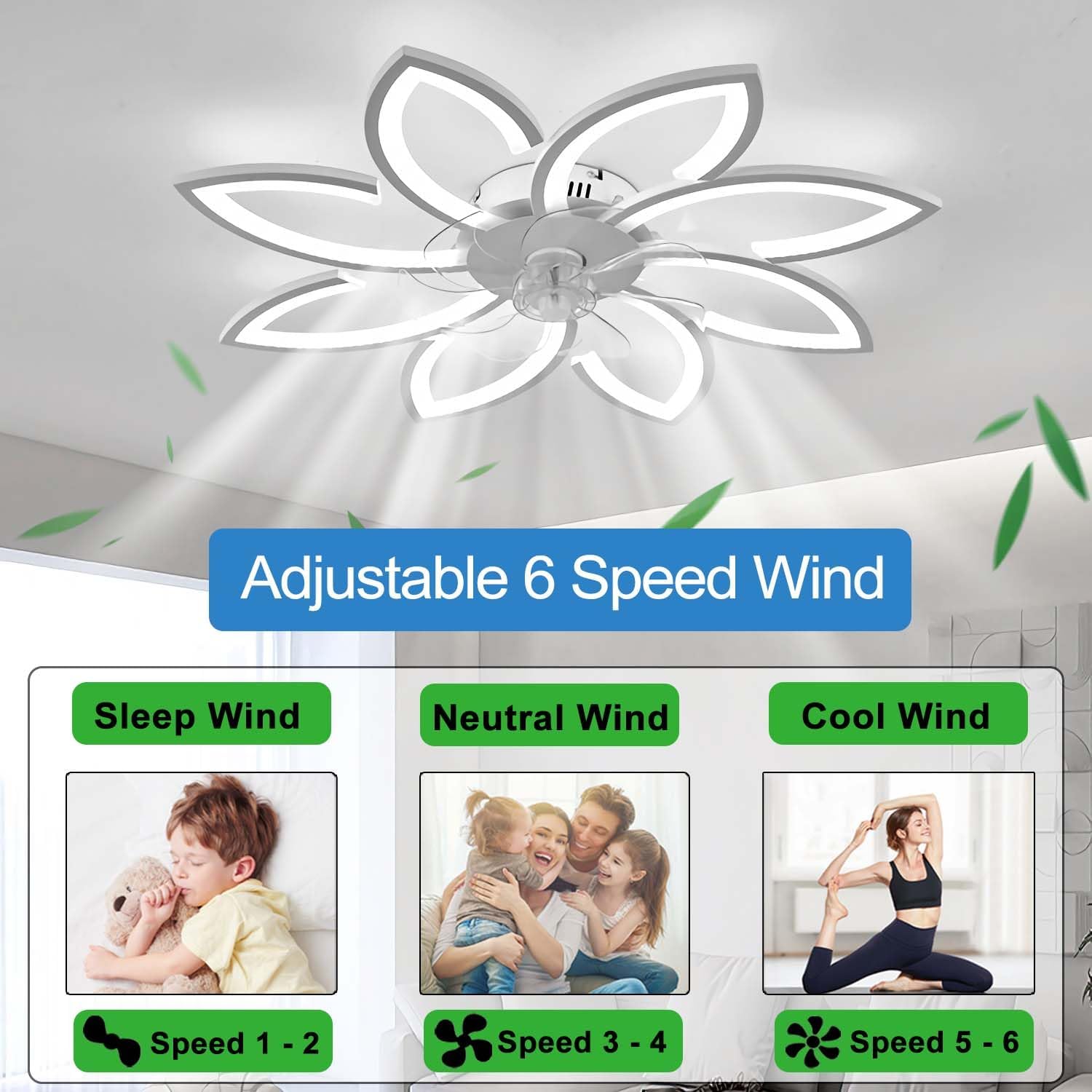 Yunzi Ventilatore da Soffitto con Luce LED 90CM, Bianco - immagine 7