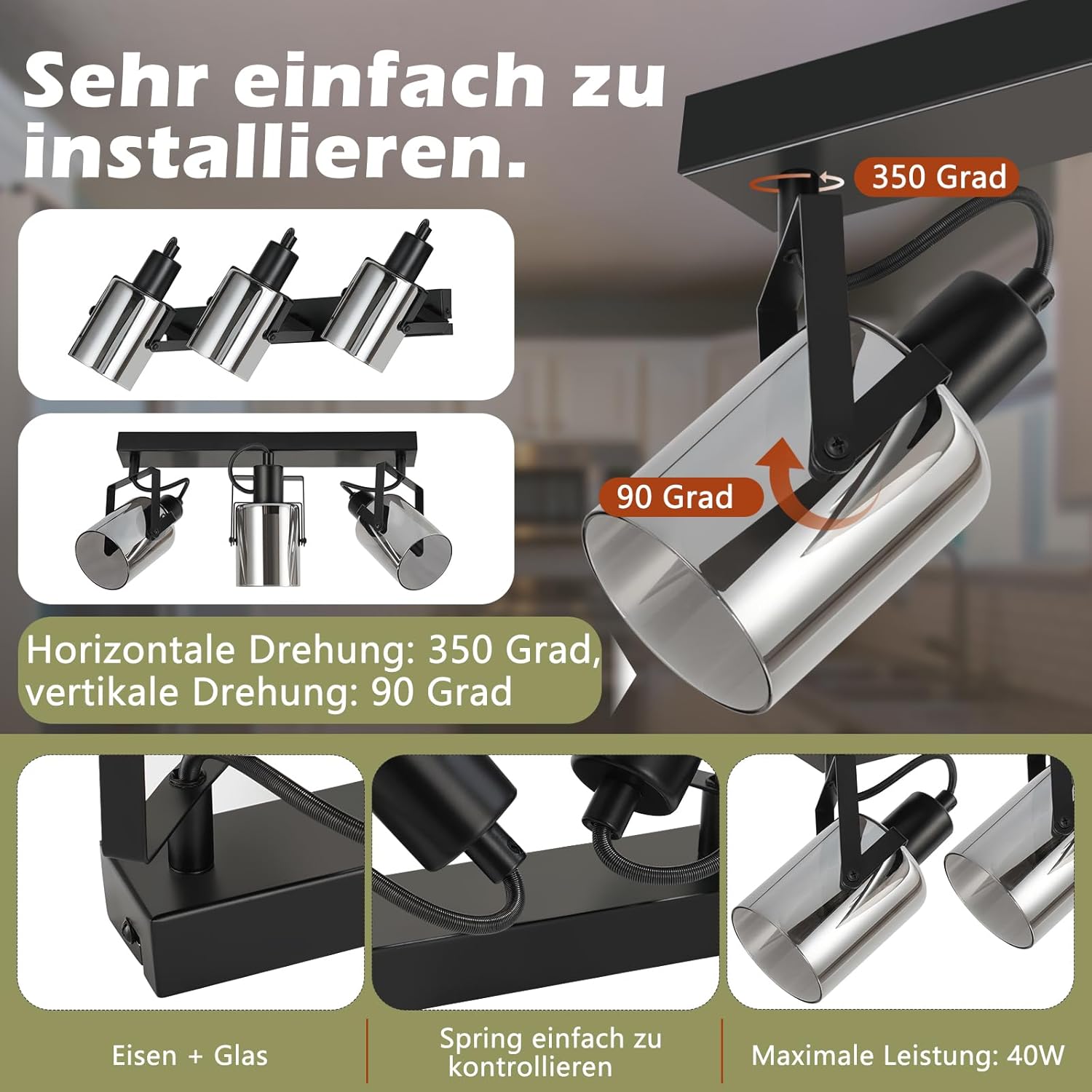 Cbjktx Faretto da Soffitto Nero 3 Fiamme E14 - immagine 4