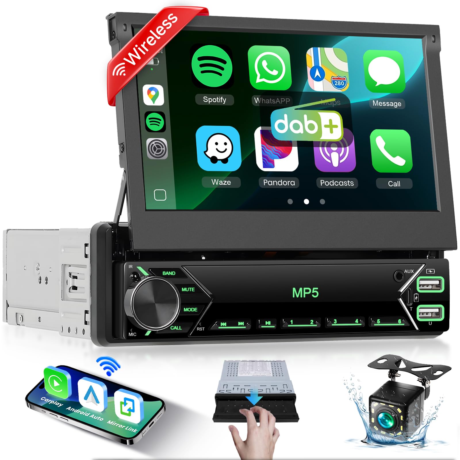 Podofo Autoradio 1 Din Flip Out 7 pollici DAB Wireless