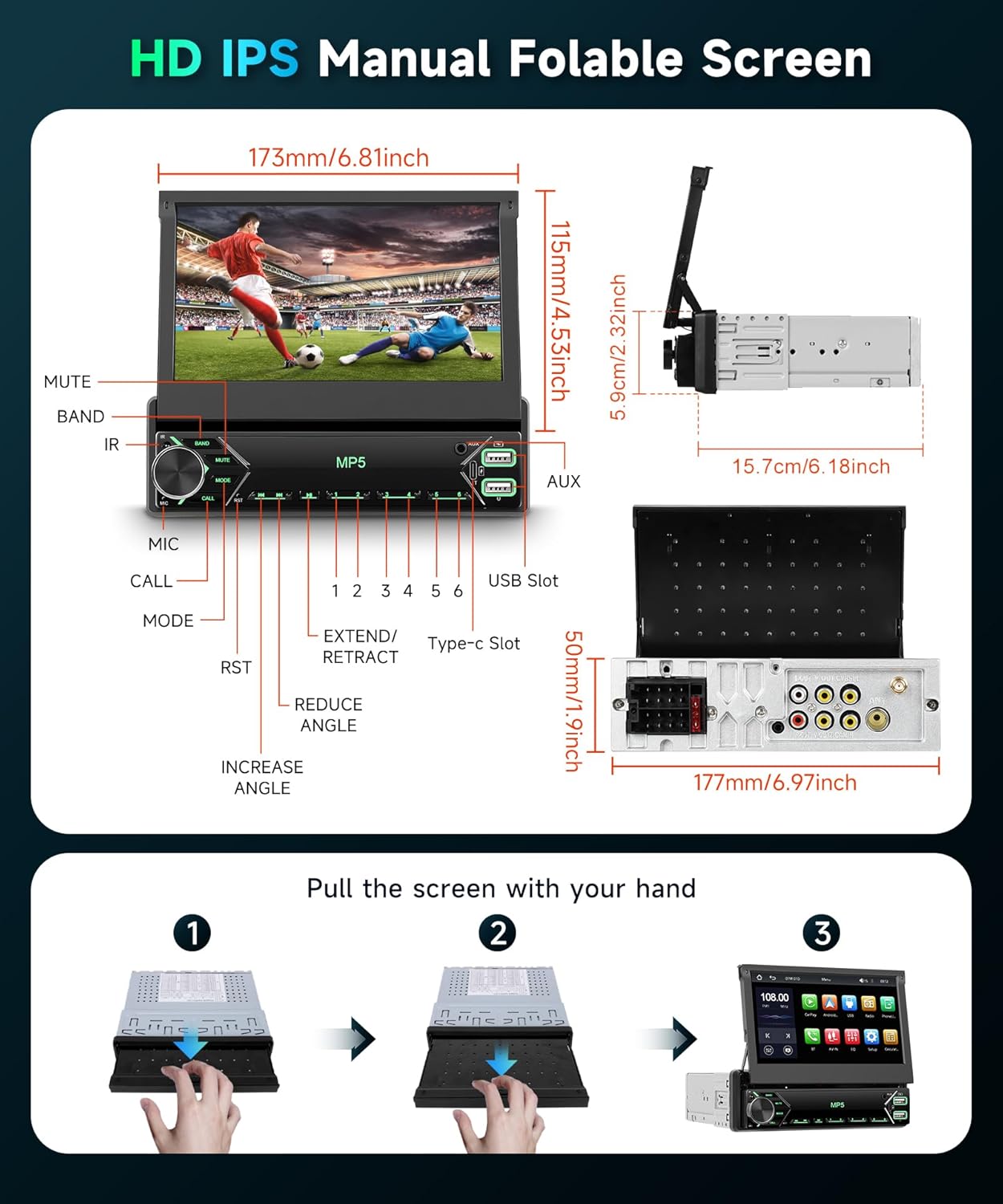 Podofo Autoradio 1 Din Flip Out 7 pollici DAB Wireless - immagine 2