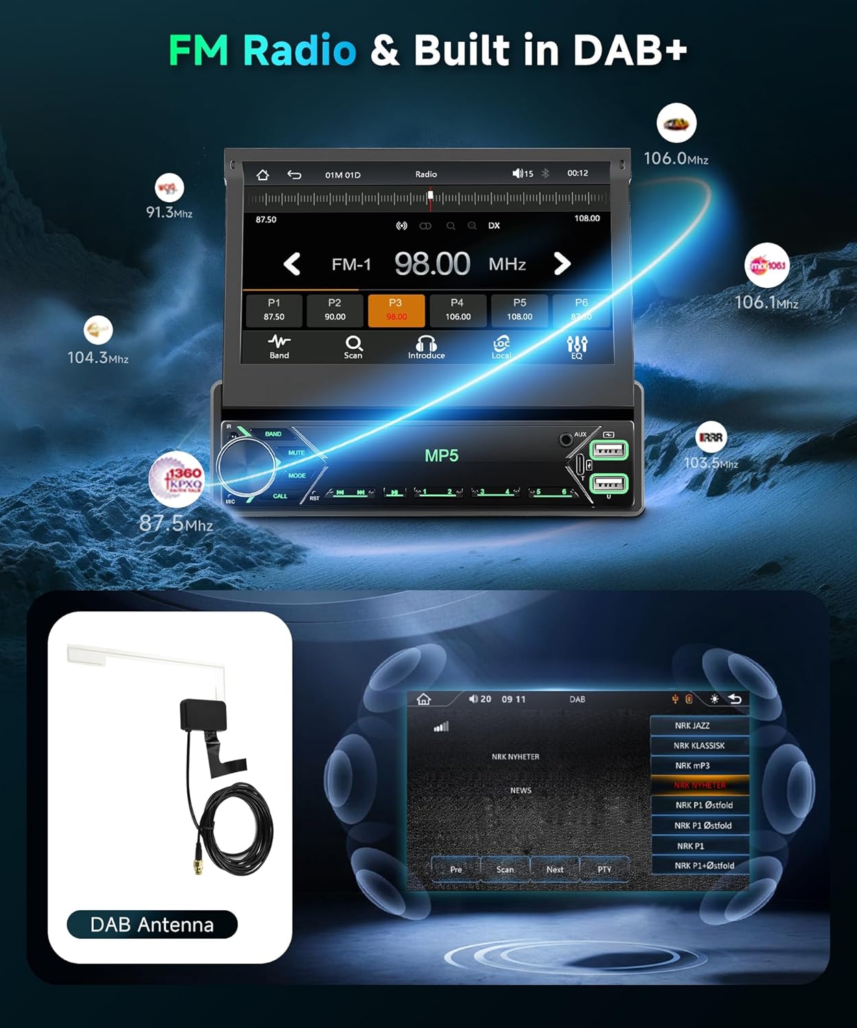 Podofo Autoradio 1 Din Flip Out 7 pollici DAB Wireless - immagine 3