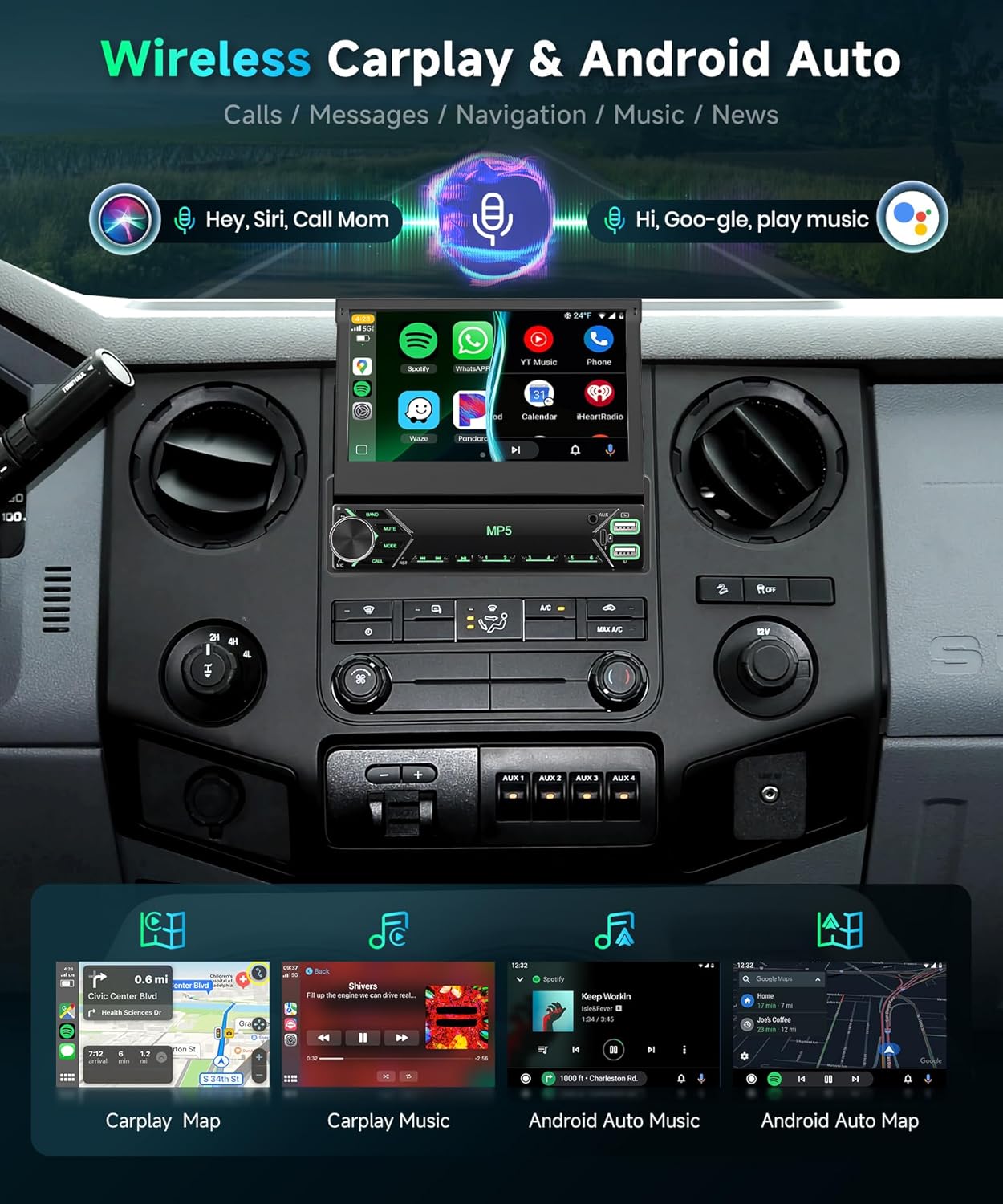 Podofo Autoradio 1 Din Flip Out 7 pollici DAB Wireless - immagine 4