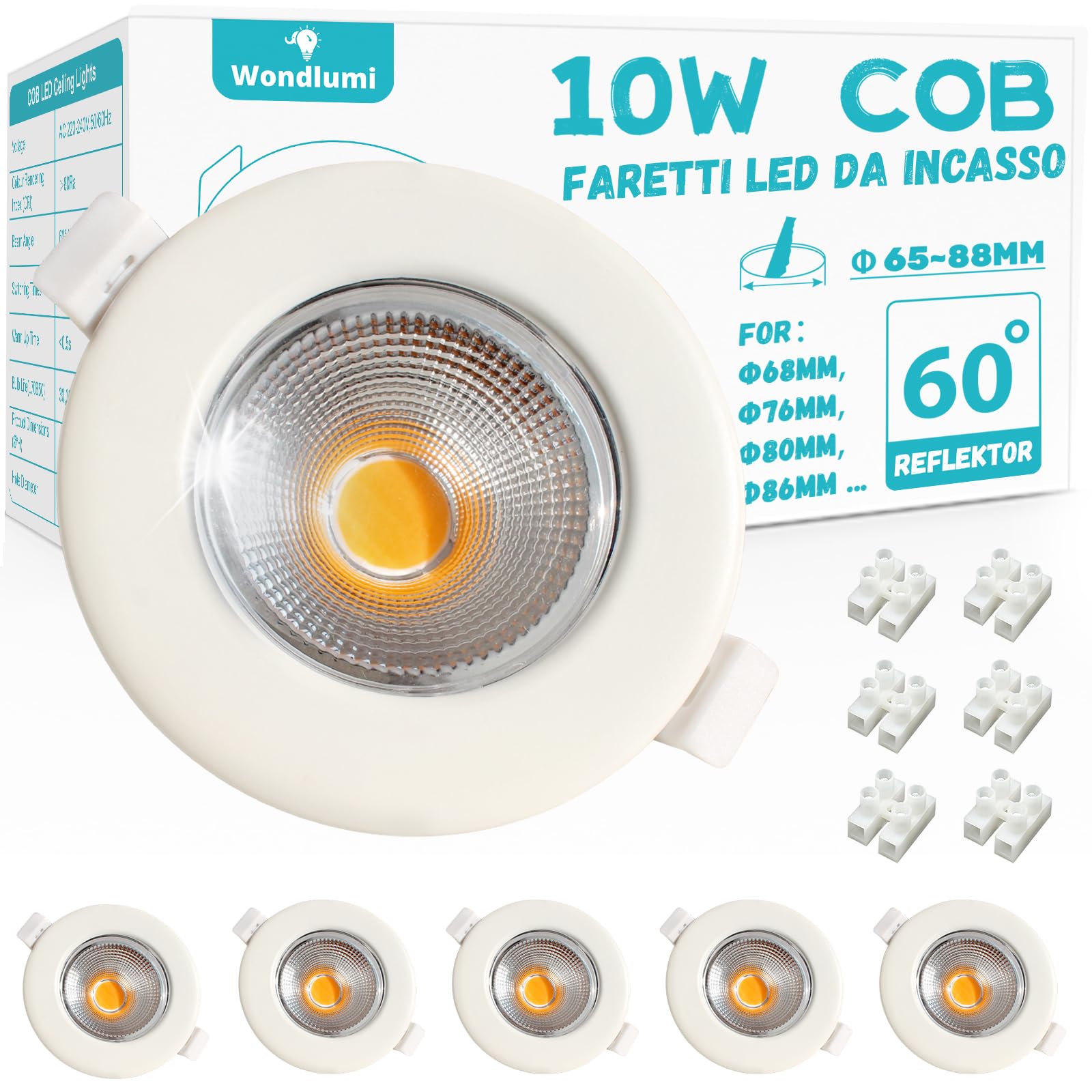 Wondlumi 6x Faretti LED da Incasso COB 10W