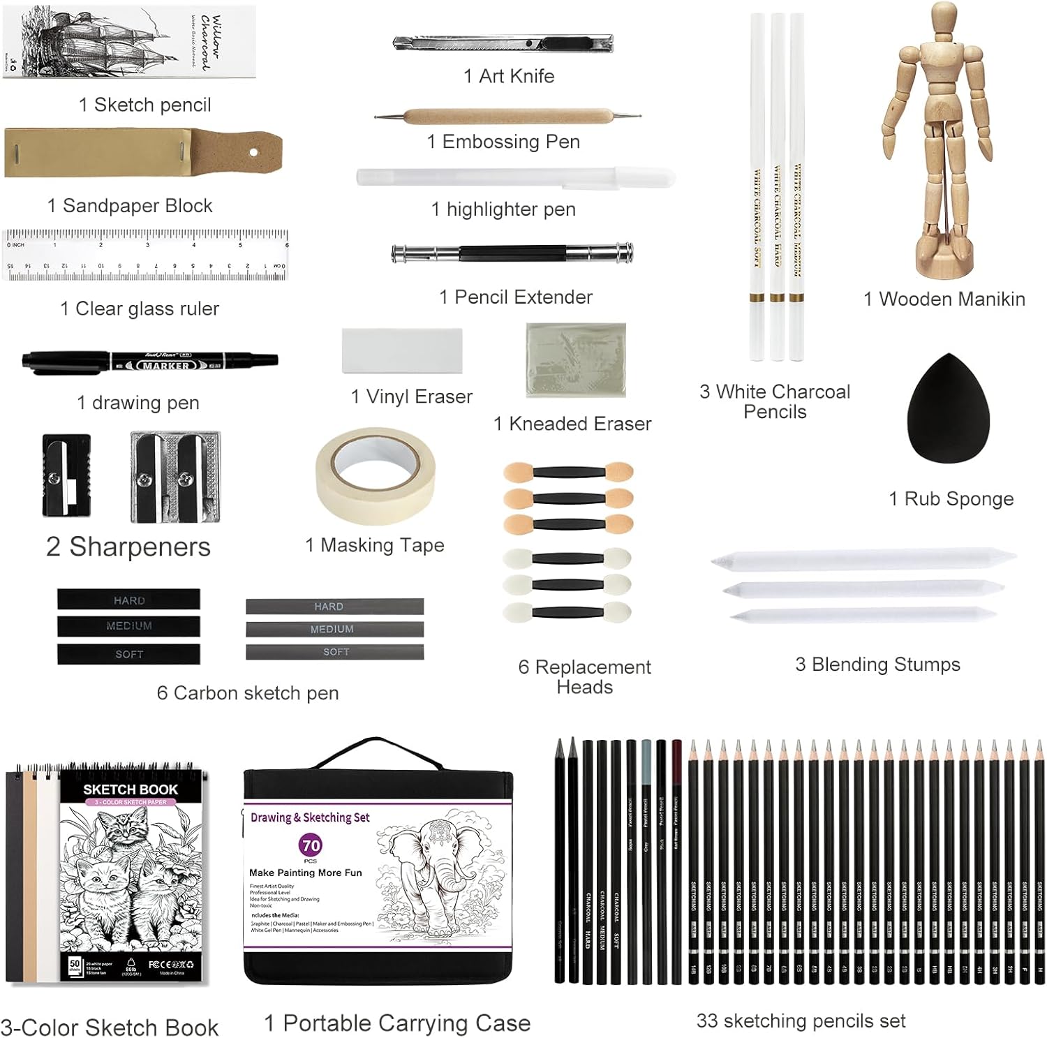 USHOP Set di Disegno e Schizzo da 70 Pezzi - immagine 2
