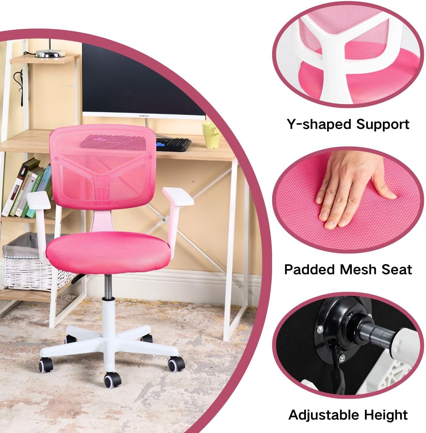 Furniturer Sedia Girevole Ufficio/Studio, Rosa - immagine 7