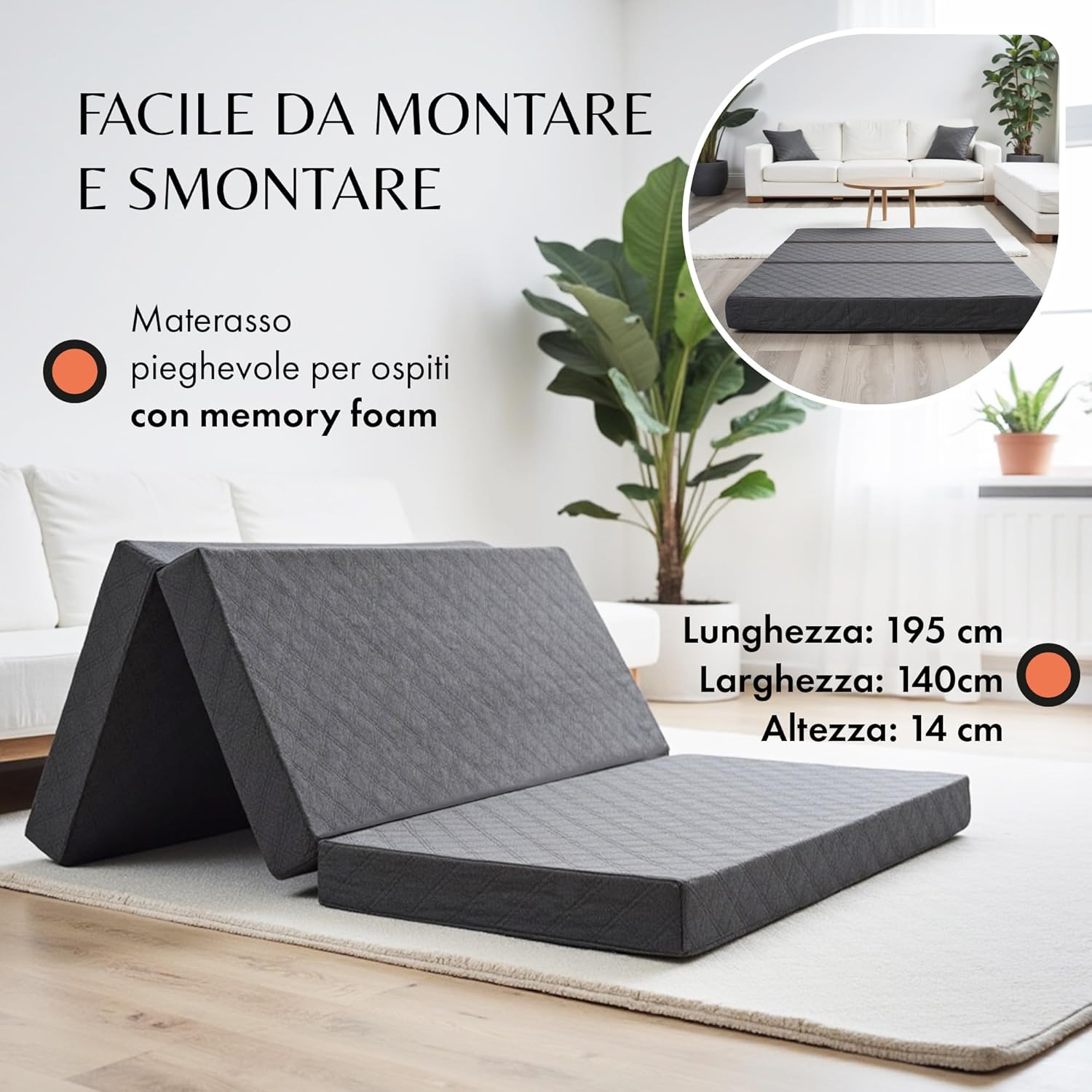 Materasso Pieghevole Doppio 140x195 cm Memory Foam 14cm - immagine 2