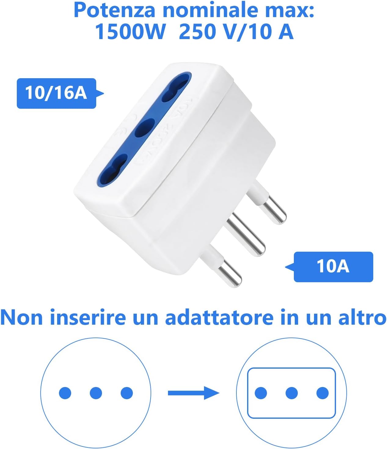 Adattatore Riduttore Spina 16A Presa 10A - Set 4 Bipasso - immagine 3