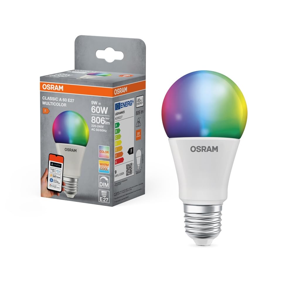 OSRAM SMART+ RGBW, lampada LED E27 con Matter over Wifi, appositamente progettata per ALEXA - facile configurazione con un clic, sostituisce 60W, 2700-6500K, 16 milioni di colori RGB, confezione da 4