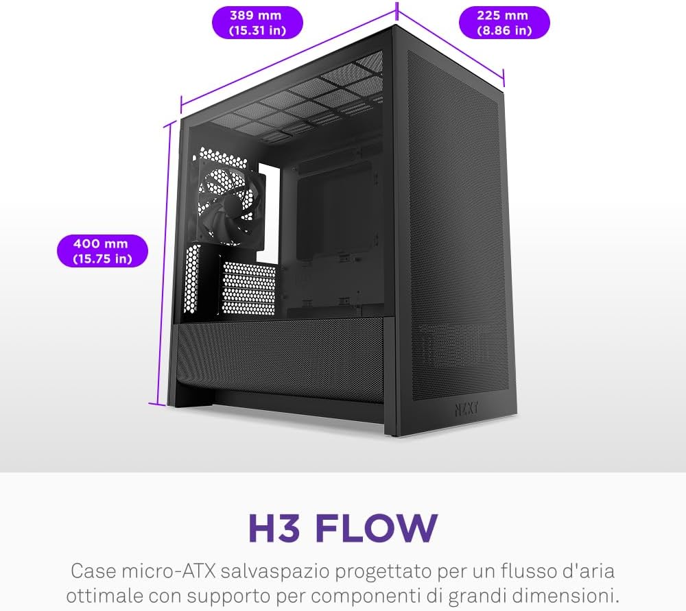 Nzxt H3 Flow – Case PC Gaming Micro-ATX, Nero - immagine 2