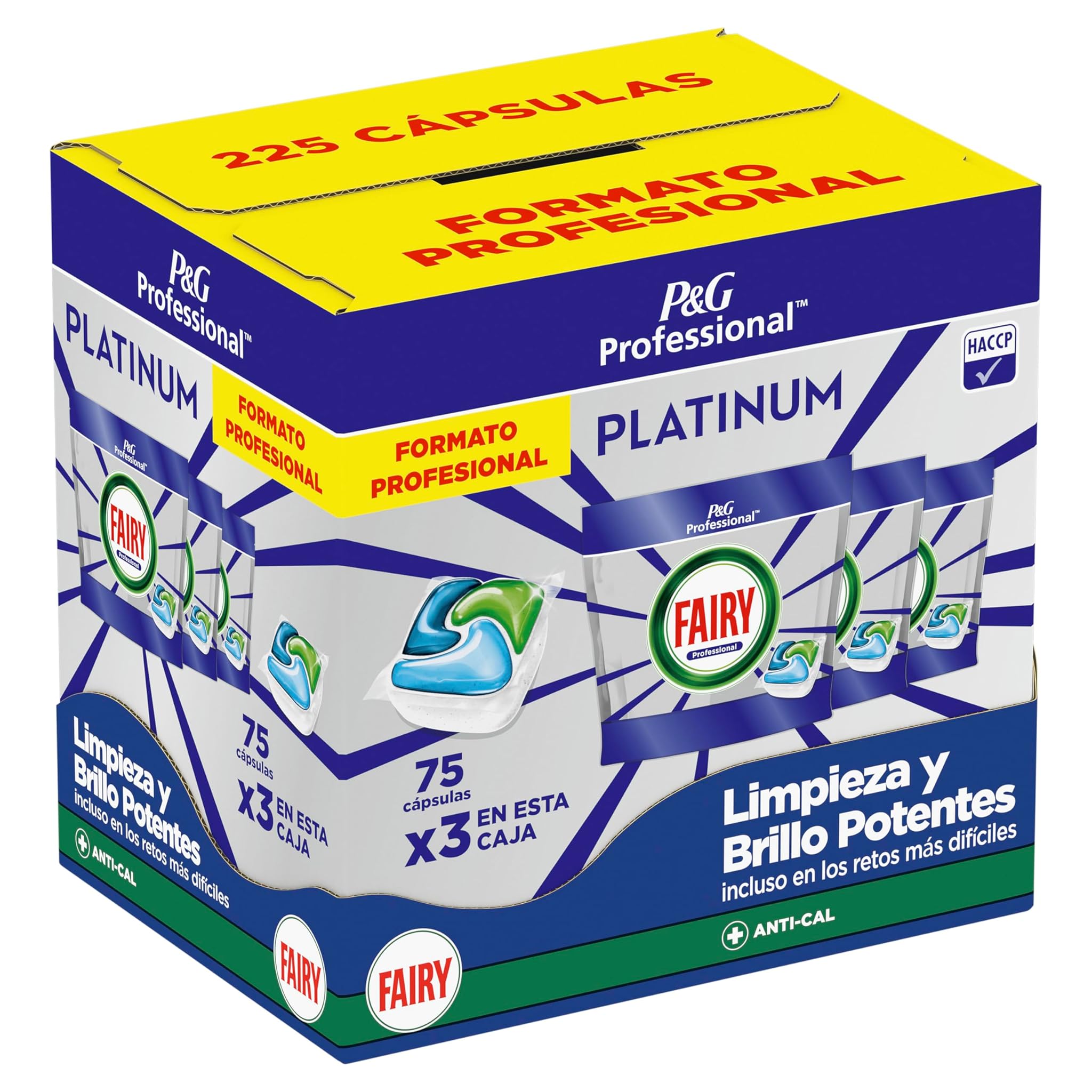 Fairy Professional Platinum Caps per Lavastoviglie, 75 x 3 Lavaggi, Pulizia Potente e Brillantezza Anche per Sfide Su Grasso Ostinato, Conforme HACCP