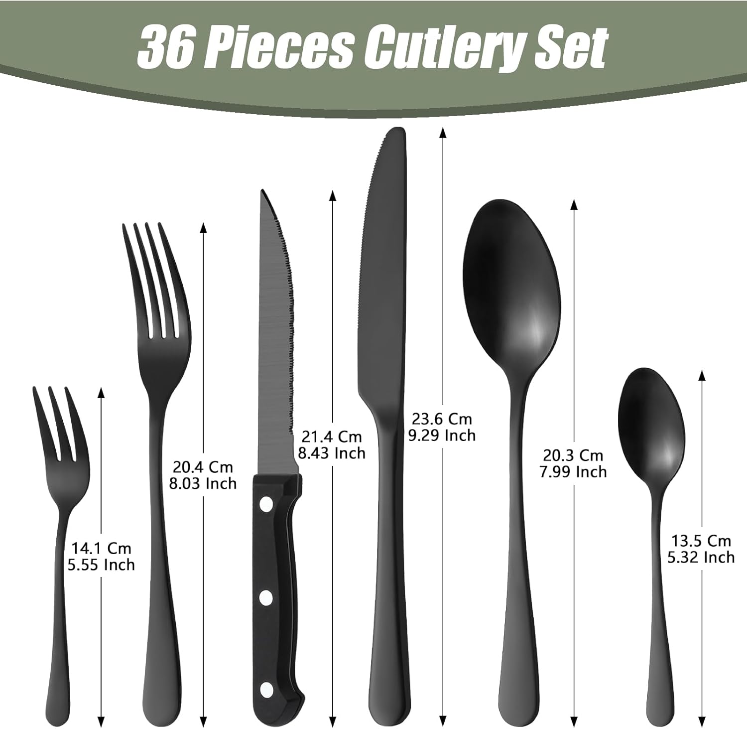 Bewos Set Posate 36 Pezzi per 6 Persone, Nero - immagine 2