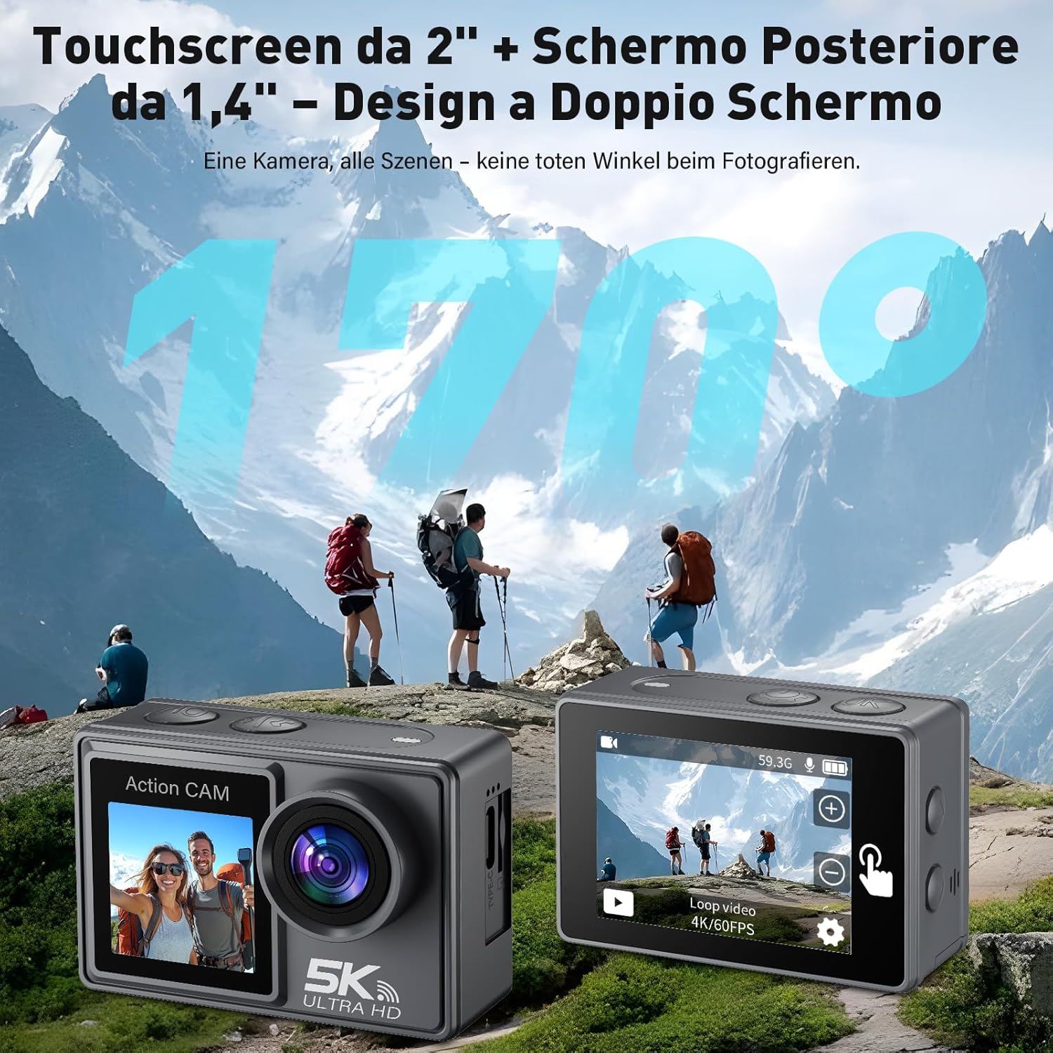 Action Cam 5K/4K 50MP Dual Screen con Stabilizzatore EIS - immagine 5