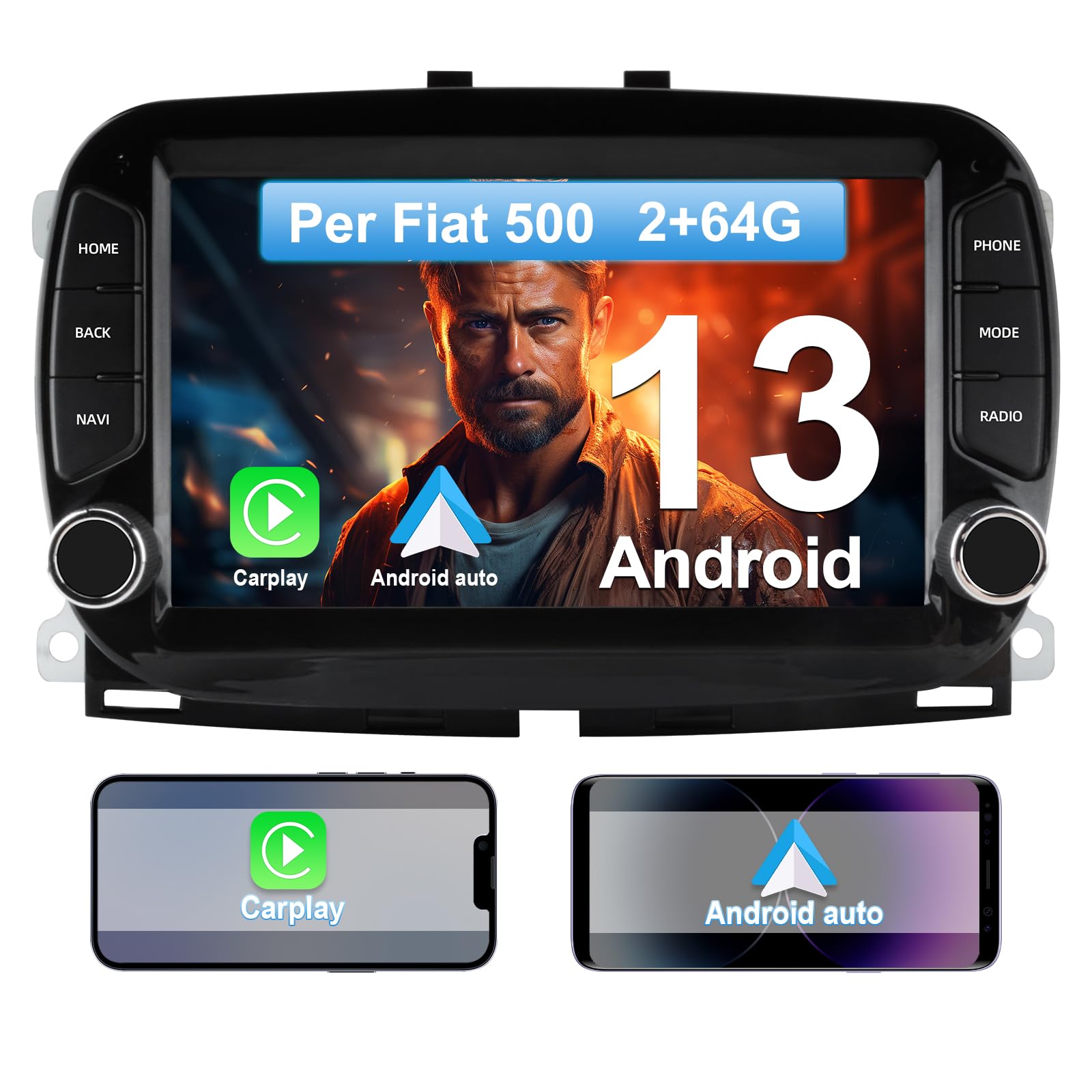 Awesafe Autoradio Android 13 per Fiat 500 (2016-2019) 7"