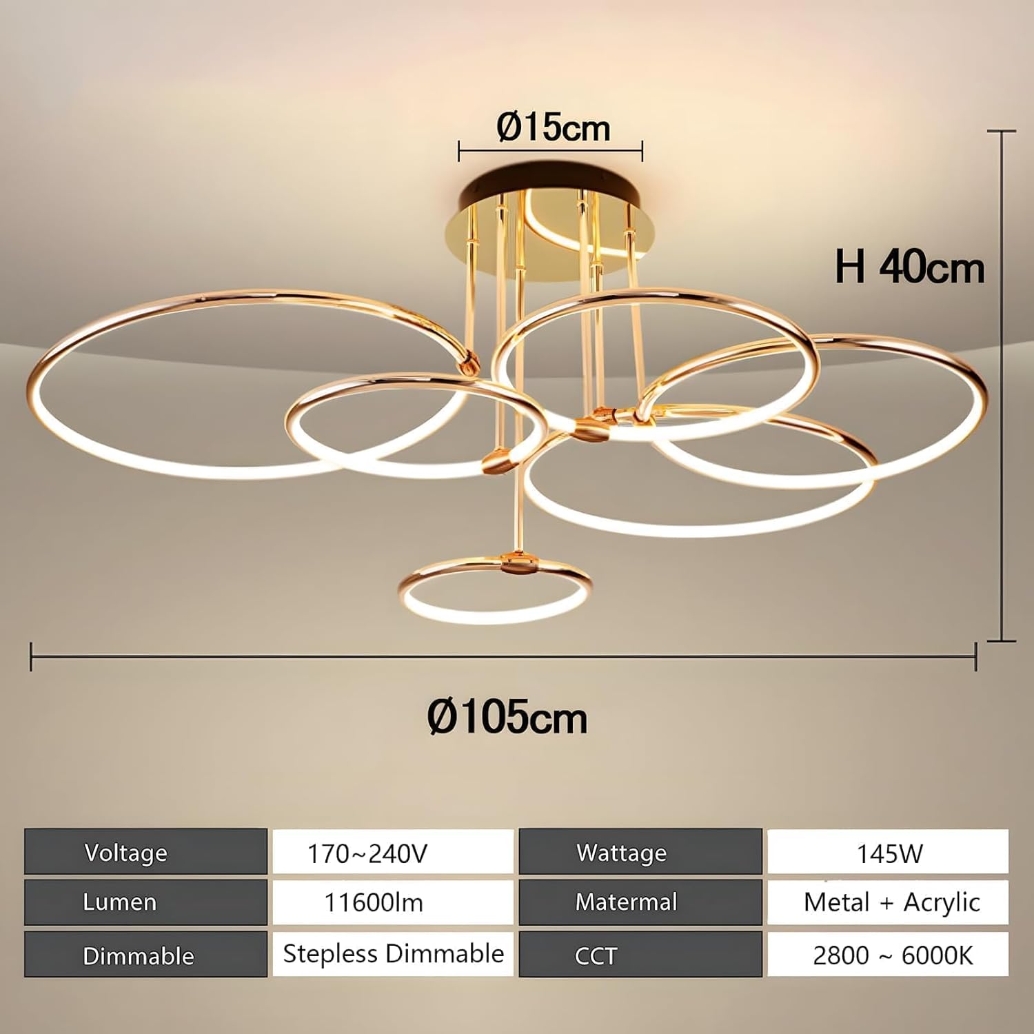 Plafoniera LED 6 Anelli Oro Ø105cm 145W Dimmerabile - immagine 4