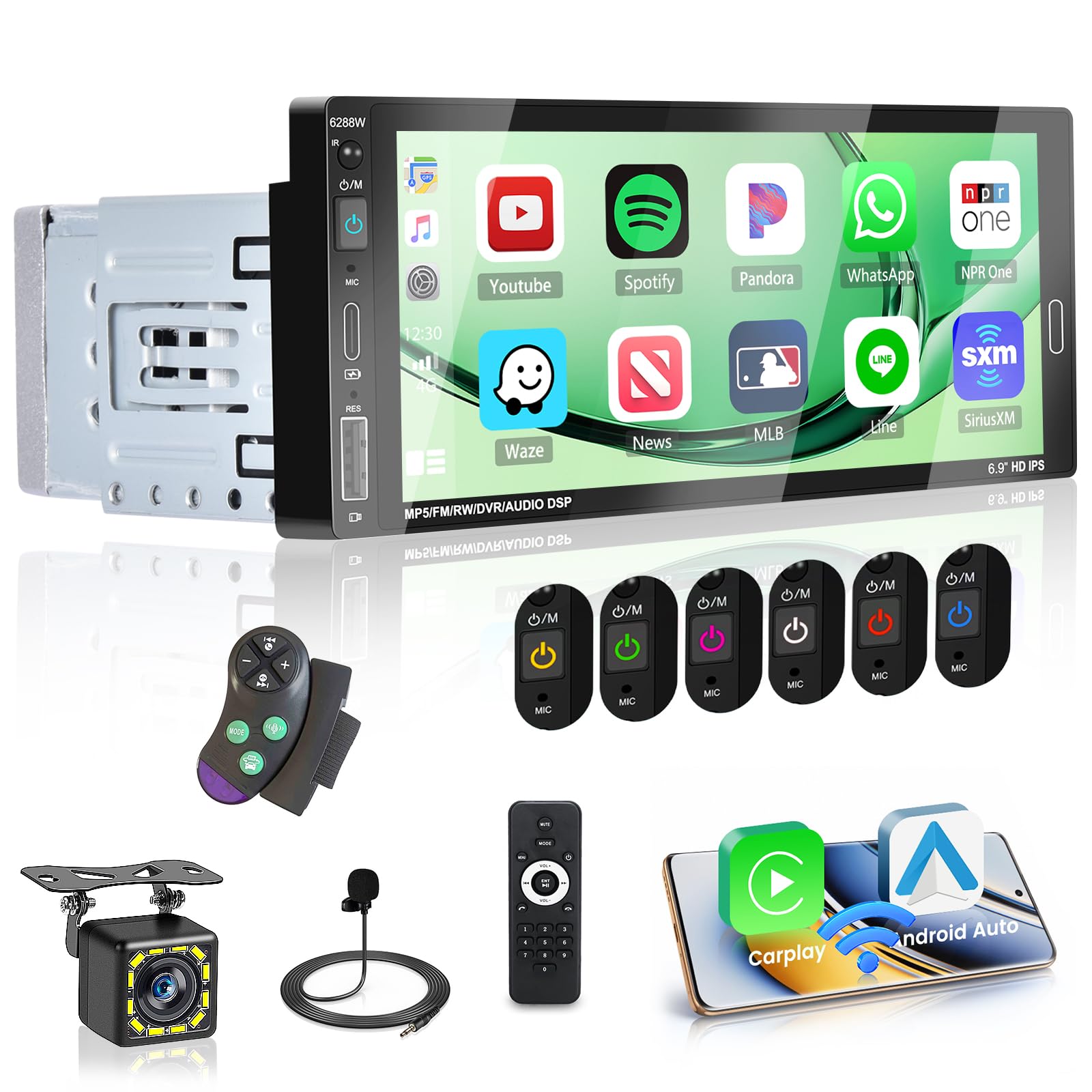 Fuluku Autoradio 1 Din 6.9" con Wireless Carplay Android Auto