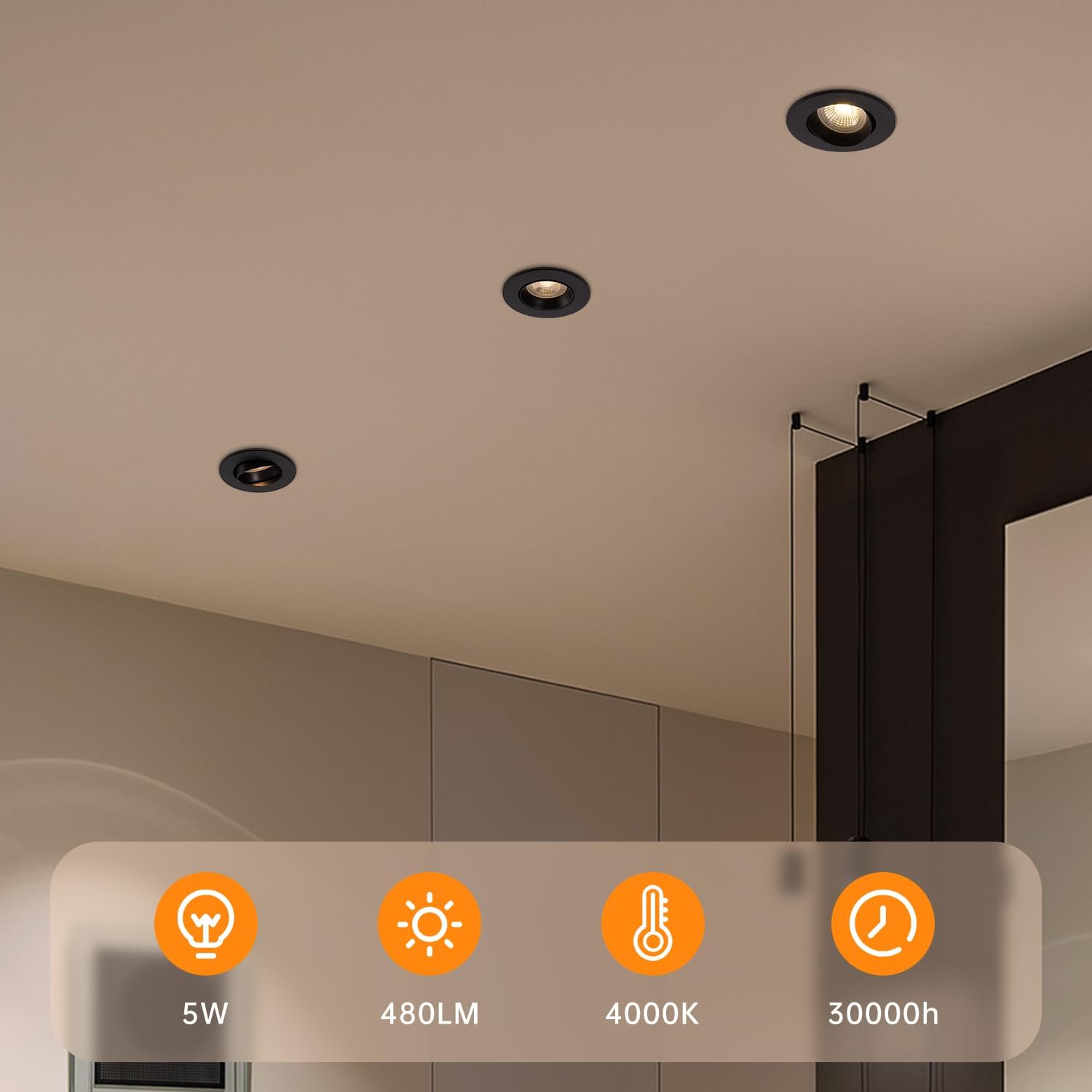 wowatt 12 × Faretti LED da Incasso per Cartongesso Dimmerabili Nero, Luce Bianca Naturale 4000K, 5W Lampada Incasso 480LM Equivalenti a Alogena 50W, Luci da Soffitto Ultrasottili Orientabili 68mm - immagine 3