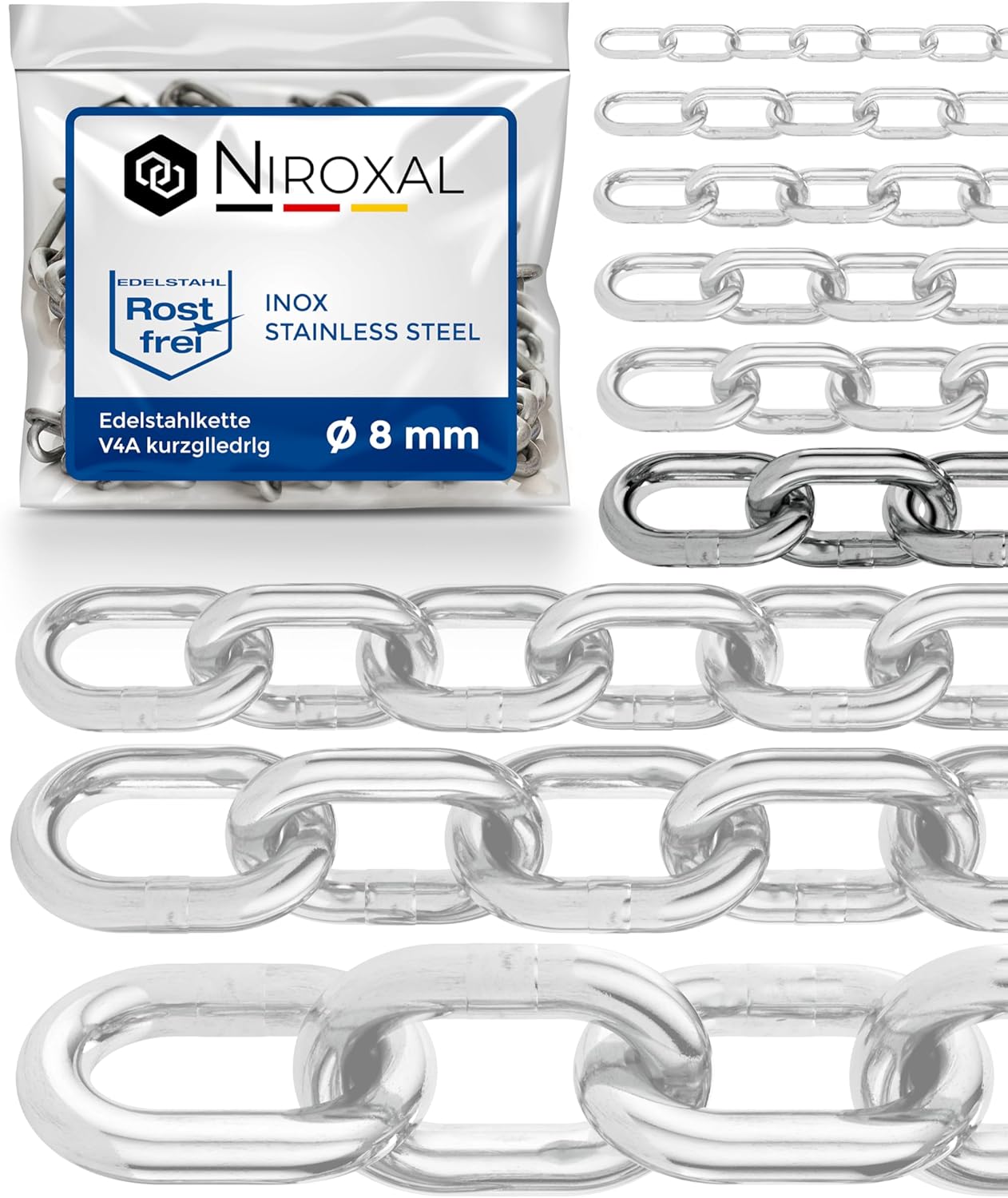 8-metri 8-mm di spessore catena in acciaio inossidabile inox V4A a maglia corta da NietFullThings in un unico pezzo catena di ancoraggio DIN 5685 DIN 766 8-m