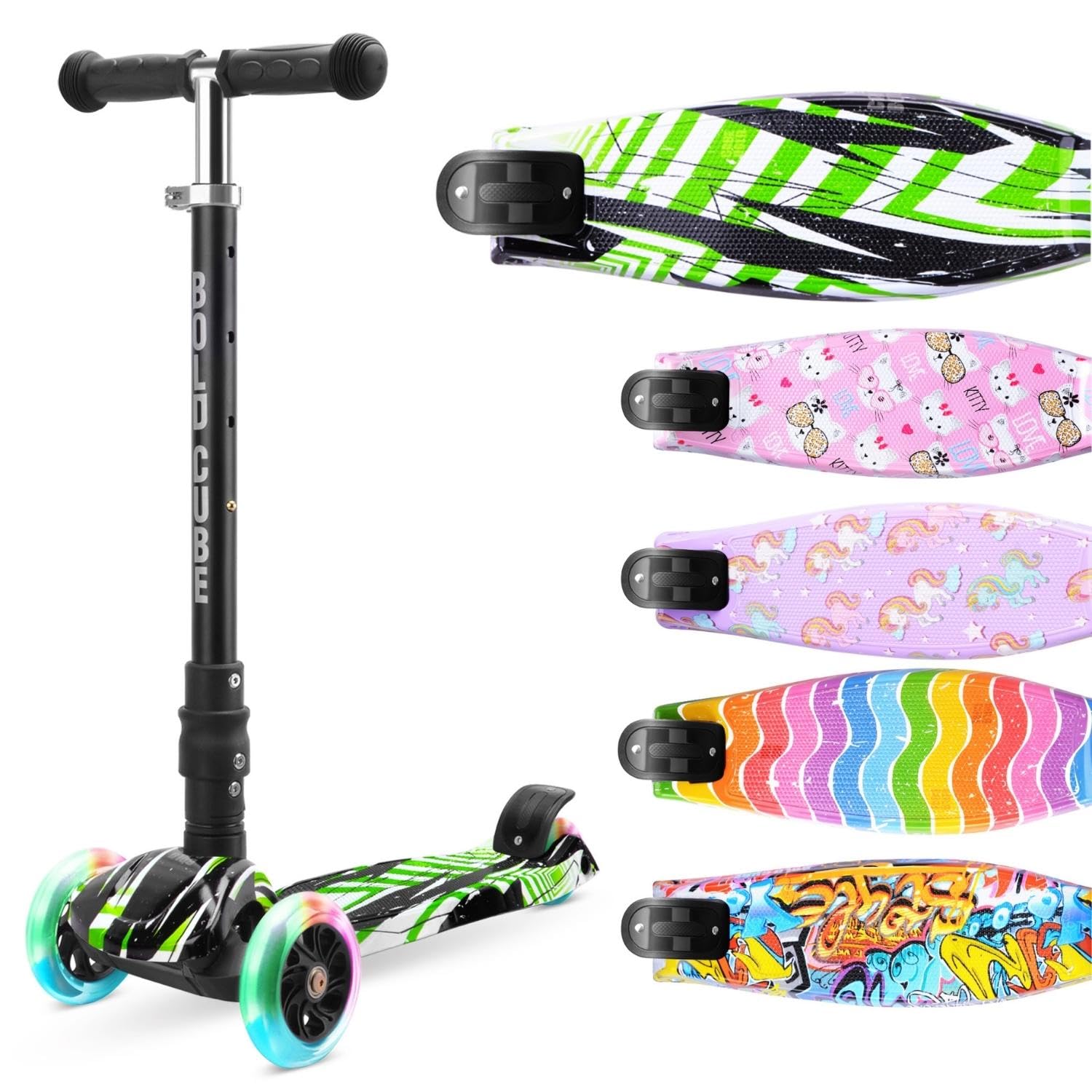 BOLDCUBE Big 3 Fold | Monopattino 3 Ruote Bambini 5-10 Anni | Pieghevole | Ruote con Illuminazione | Altezza Regolabile 65 a 89 cm