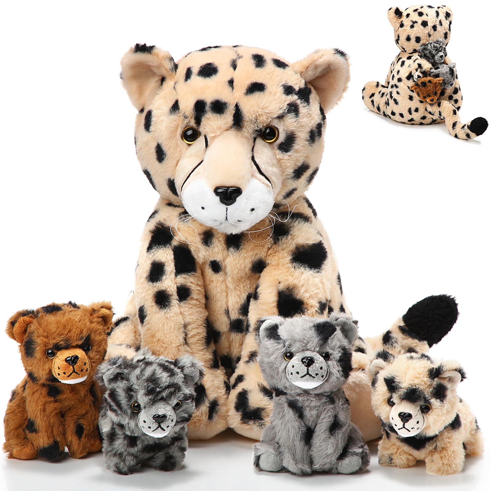 Zomiboo Set 5 Pezzi Ghepardo Peluche Mamma e Cuccioli
