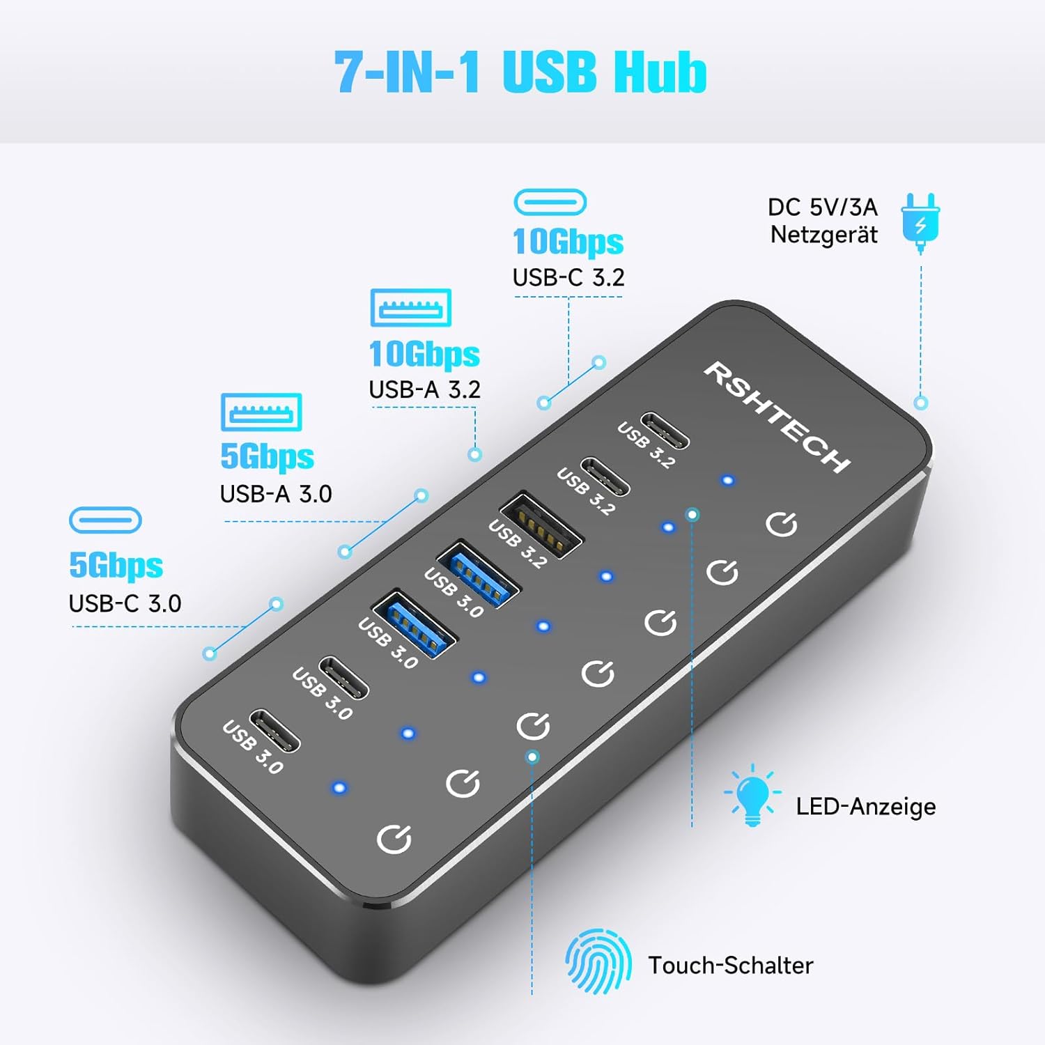 Rshtech Hub USB Alimentato 7 Porte Alluminio - immagine 2