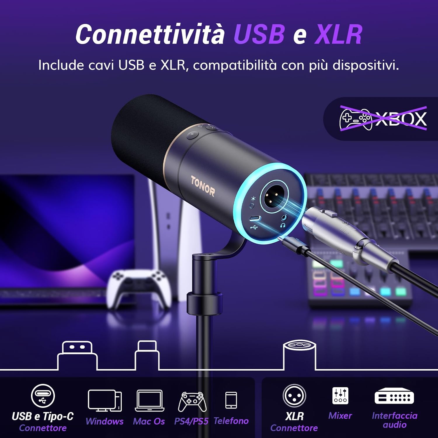Tonor Microfono Gaming USB/XLR Dinamico, RGB - immagine 3