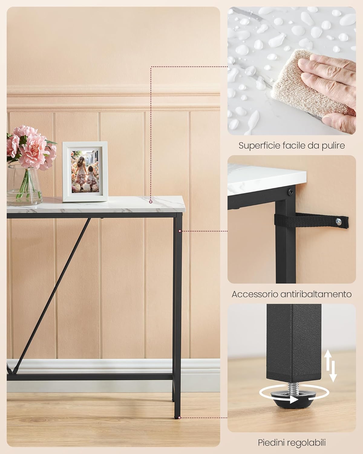 Vasagle Tavolo Consolle Ingresso, Bianco Marmo e Nero - immagine 4