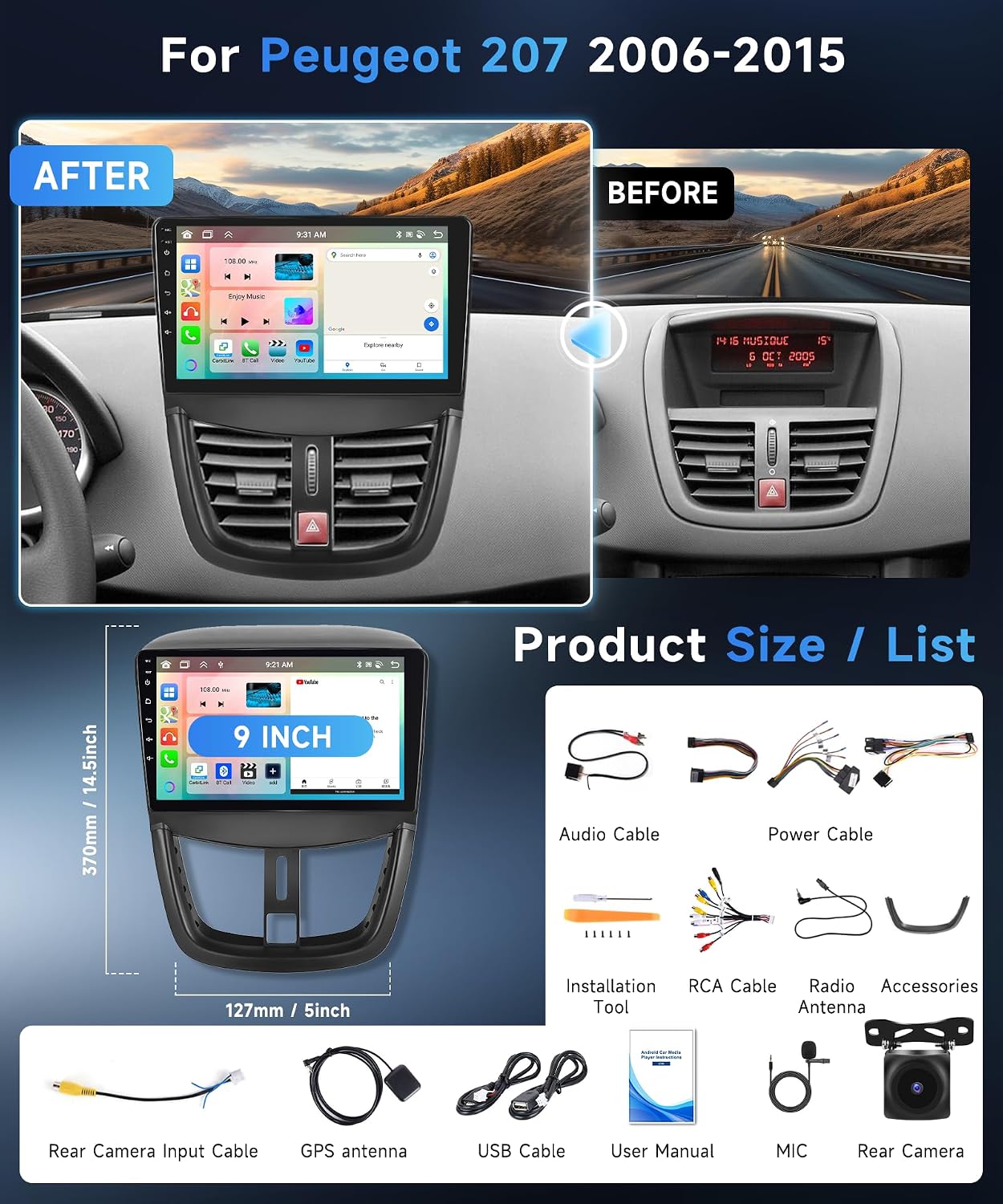 Autoradio Android 8 Core 9" Touchscreen per Peugeot 207 | Rimoody | Velz