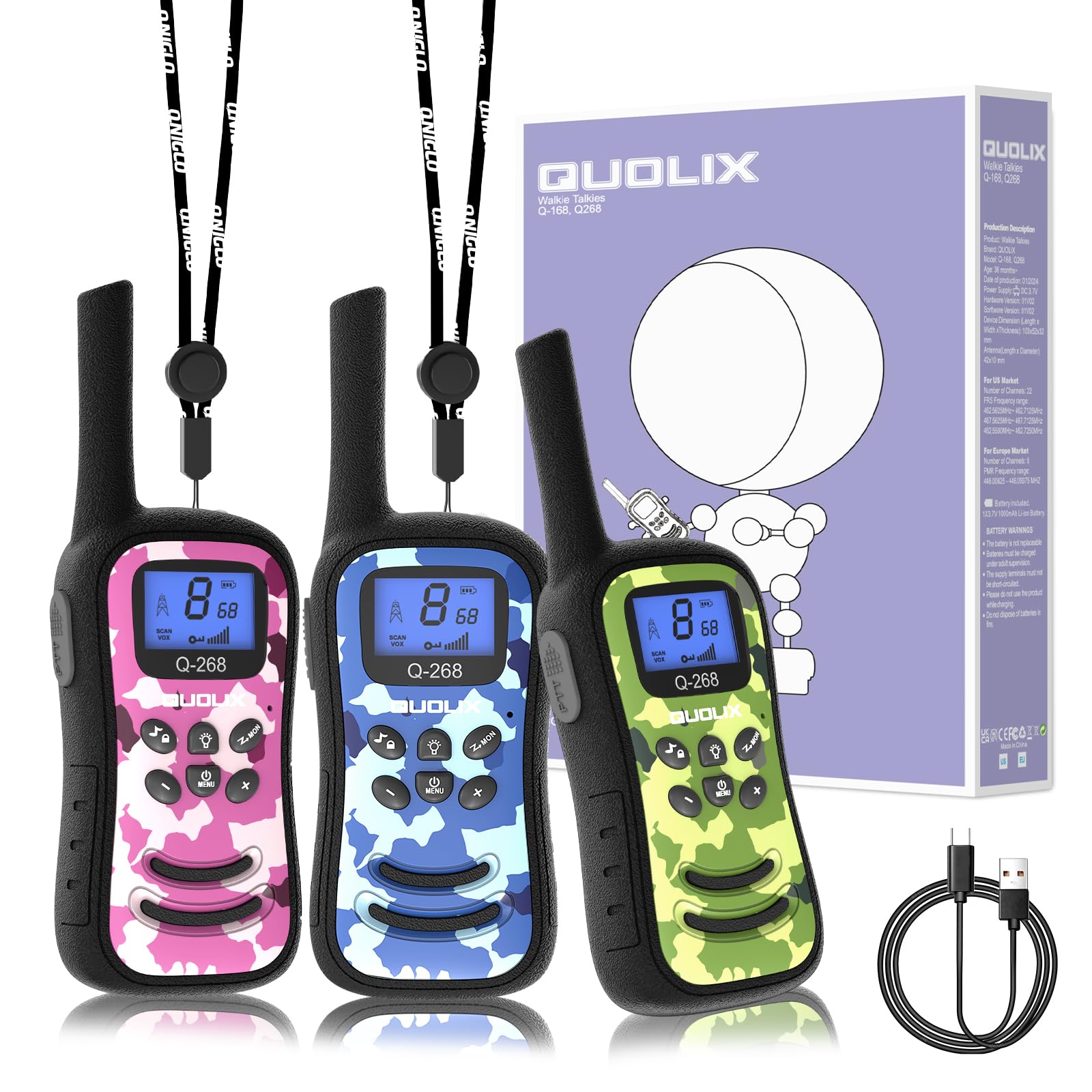 Quolix Walkie Talkie Ricaricabile Mimetico 3 Pezzi