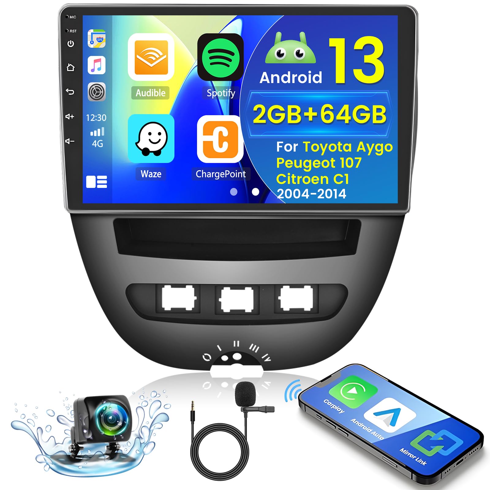 Hikity Android 13 Autoradio 10.1" IPS per Toyota Aygo/Peugeot 107/Citroen C1