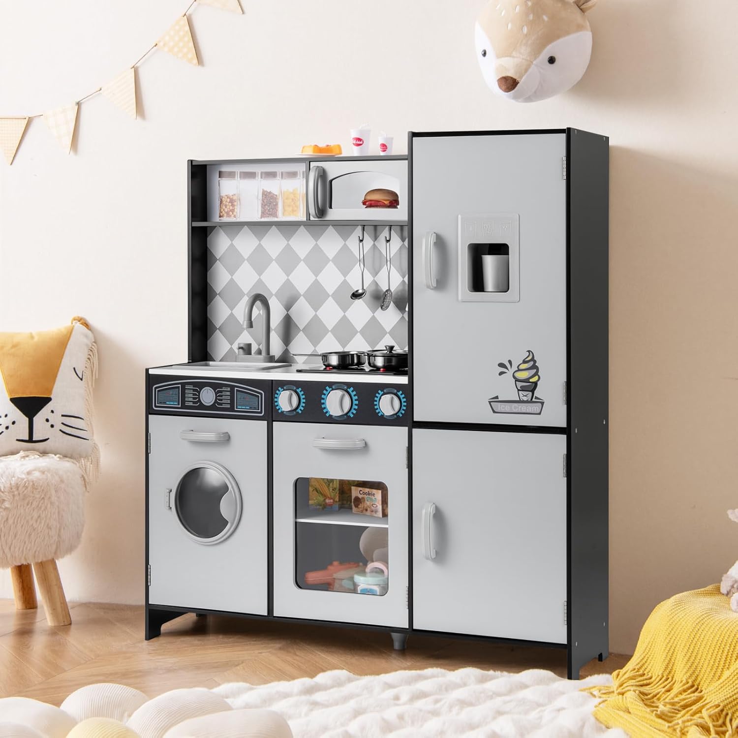 Fantask Cucina in legno per bambini con suono, Nero - immagine 2