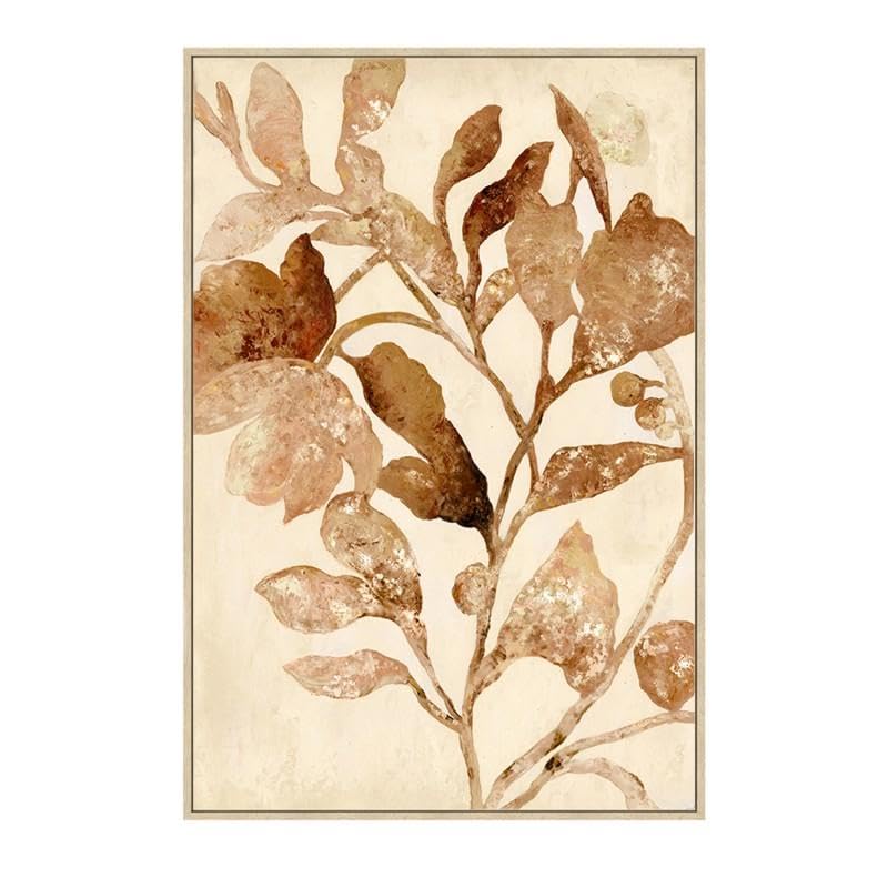 Quadro Tela con Cornice Legno, Foglie Beige e Marrone 60x90cm