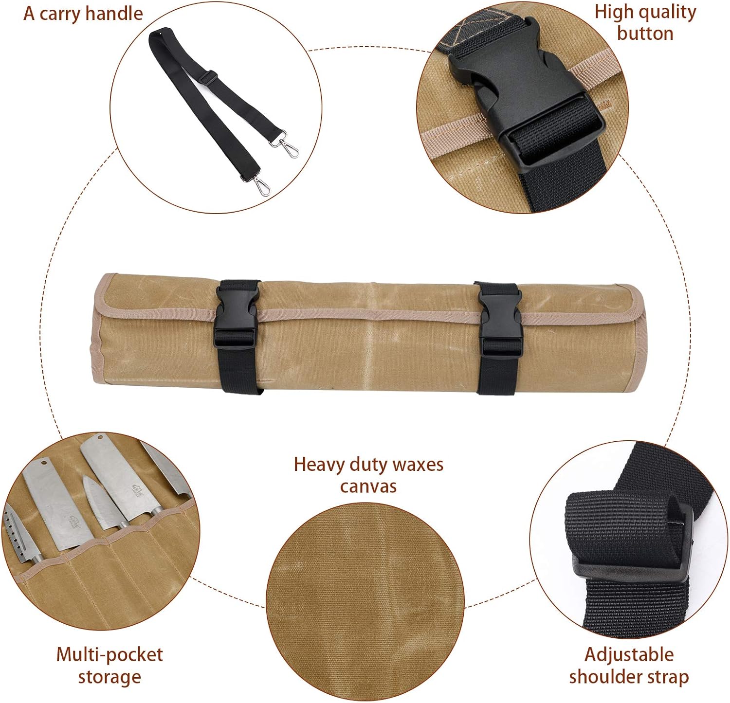 QEES Borsa Porta Coltelli in Tela Cerata 66x50cm, Cachi - immagine 3