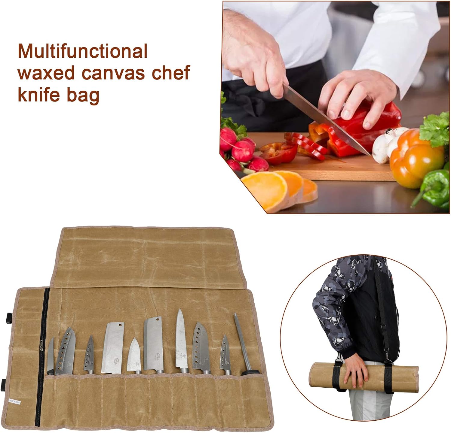 QEES Borsa Porta Coltelli in Tela Cerata 66x50cm, Cachi - immagine 5