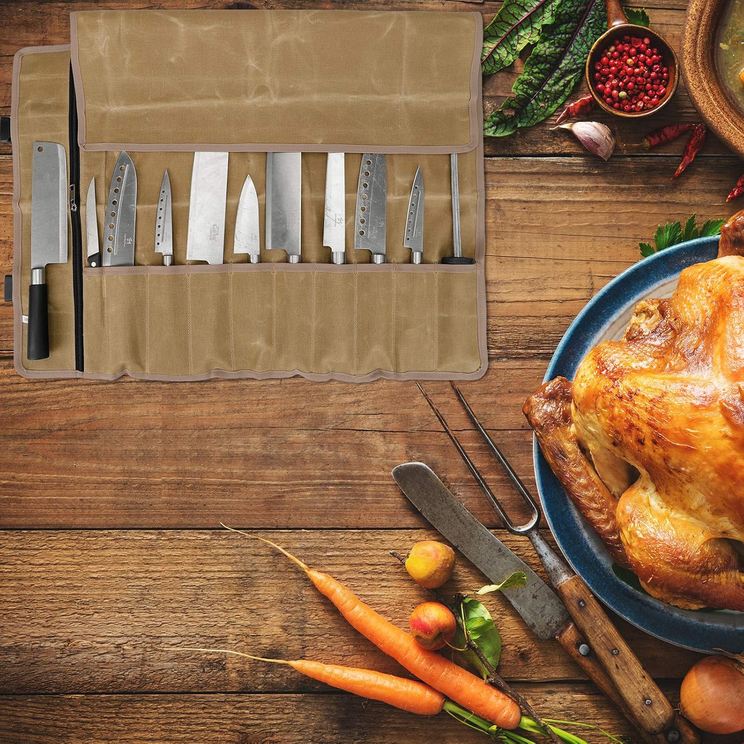 QEES Borsa Porta Coltelli in Tela Cerata 66x50cm, Cachi - immagine 6