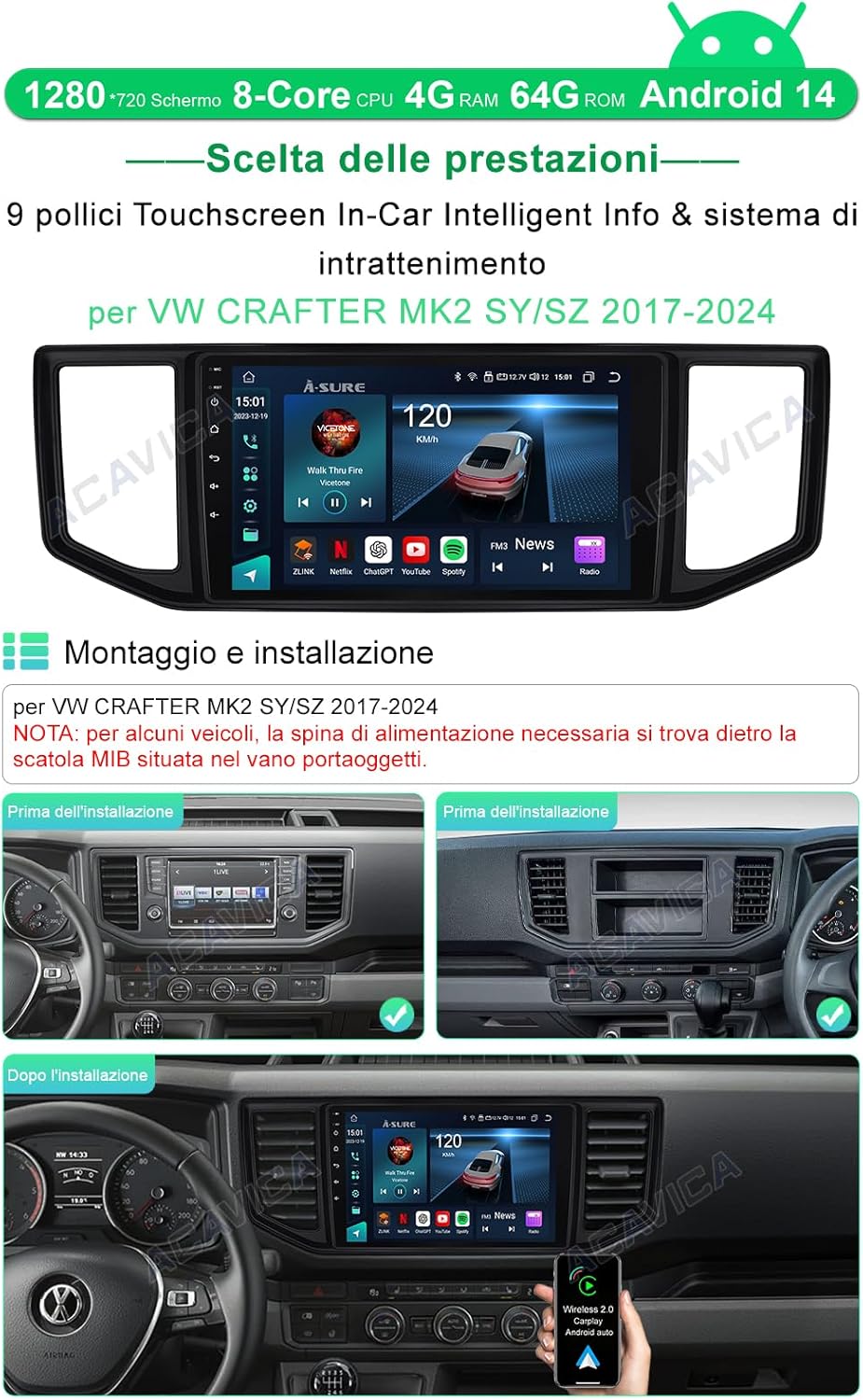 Acavica Autoradio Android 14 per VW Crafter MK2 (2017-2024) - immagine 2