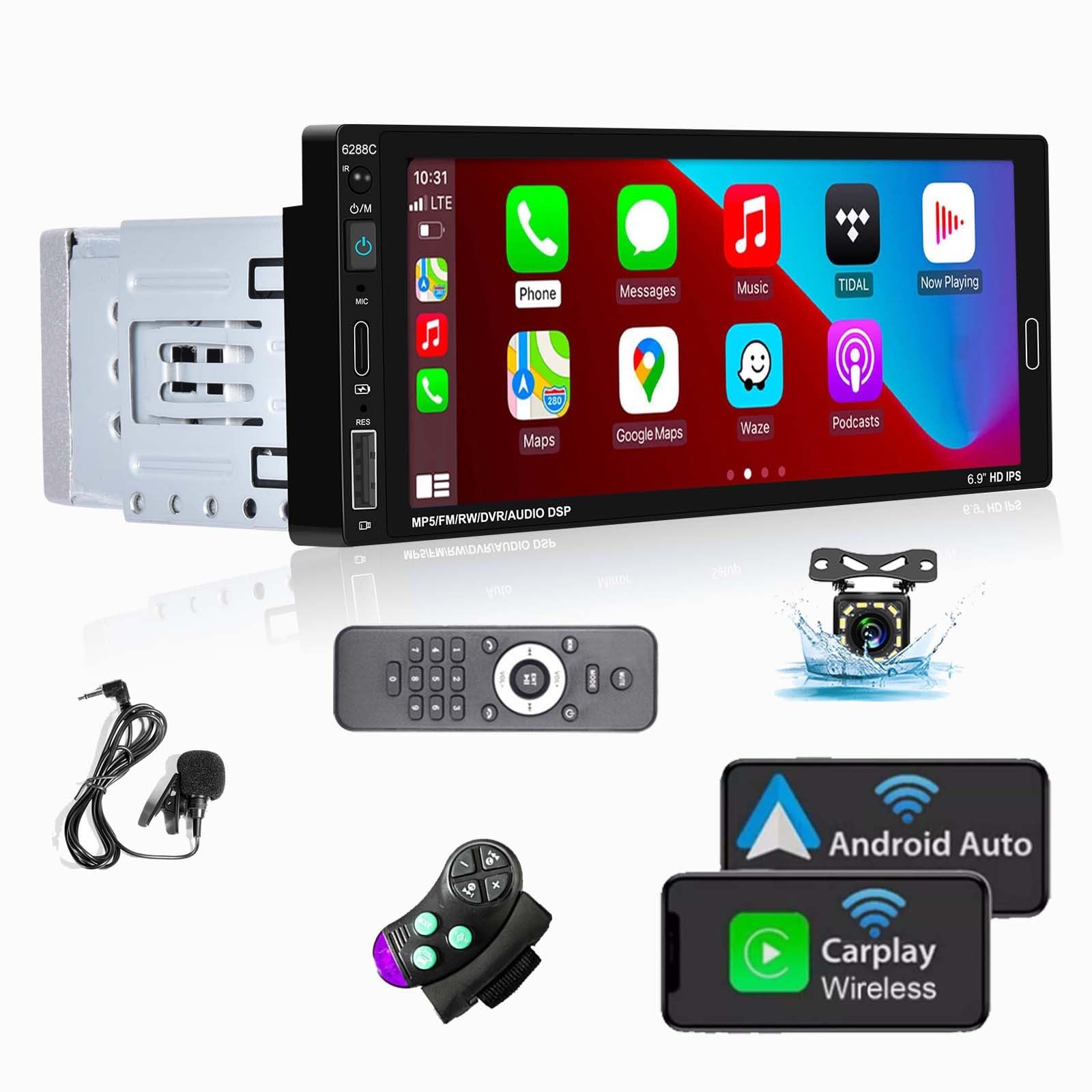 Autoradio 1 Din Carplay Android Auto 6.9 pollici Touchscreen