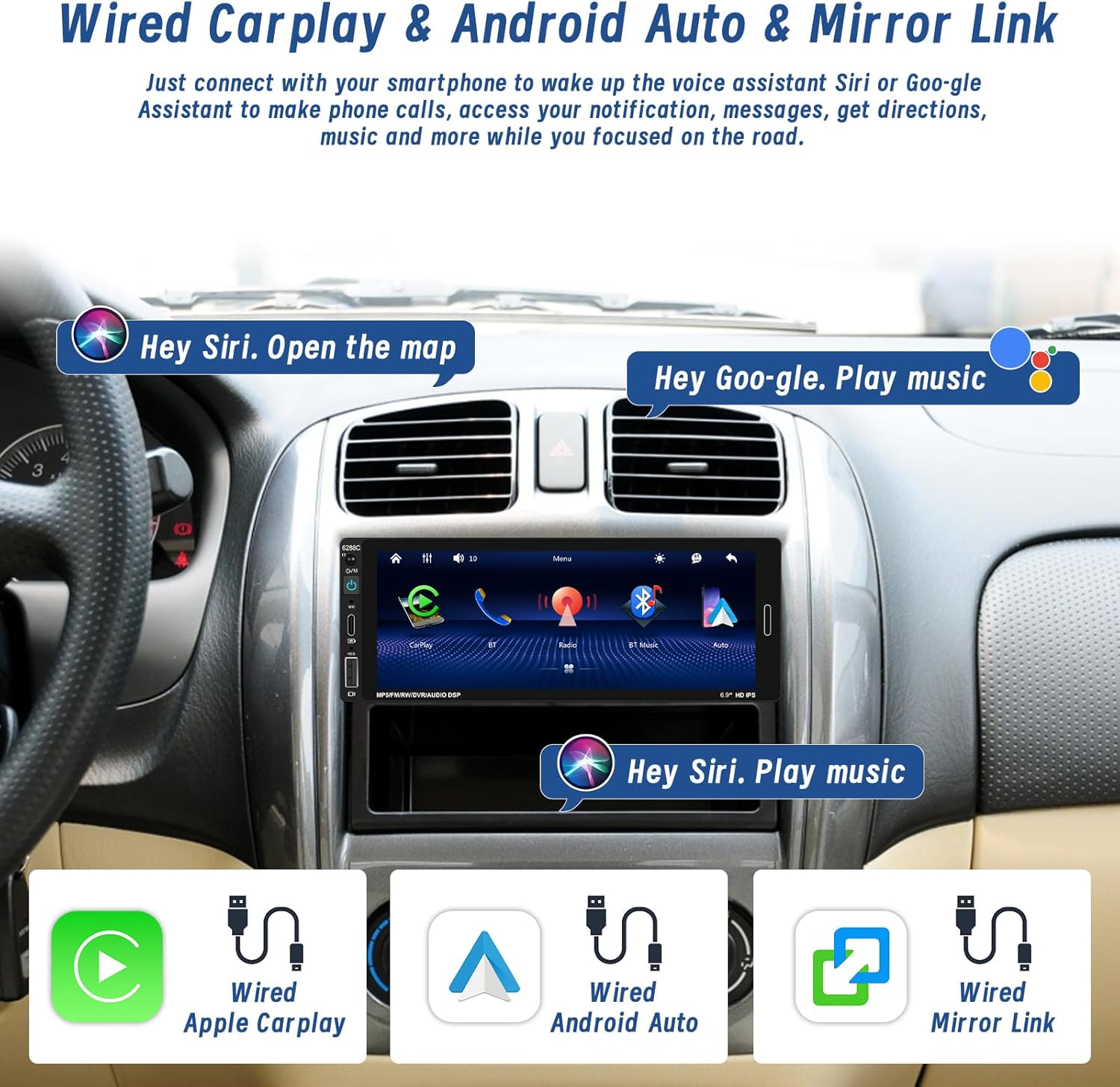 Autoradio 1 Din Carplay Android Auto 6.9 pollici Touchscreen - immagine 2