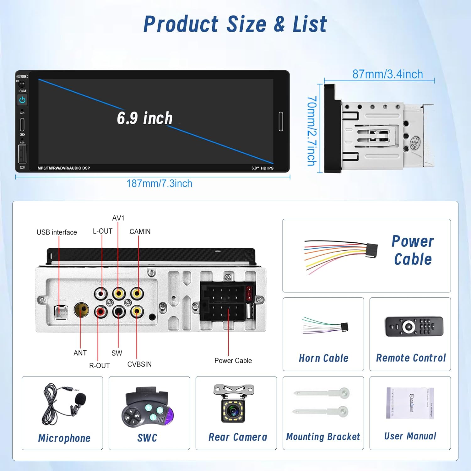 Autoradio 1 Din Carplay Android Auto 6.9 pollici Touchscreen - immagine 6
