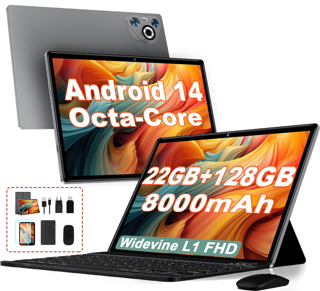 Dghrti Tablet 10 pollici Android 14, 22GB RAM 128GB ROM
