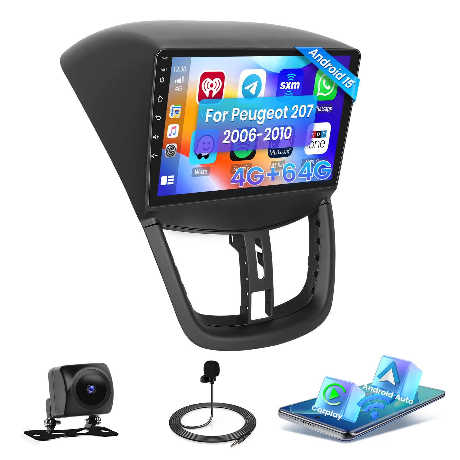 Hikity Autoradio Android 15 4+64GB per Peugeot 207 (2006-2010)