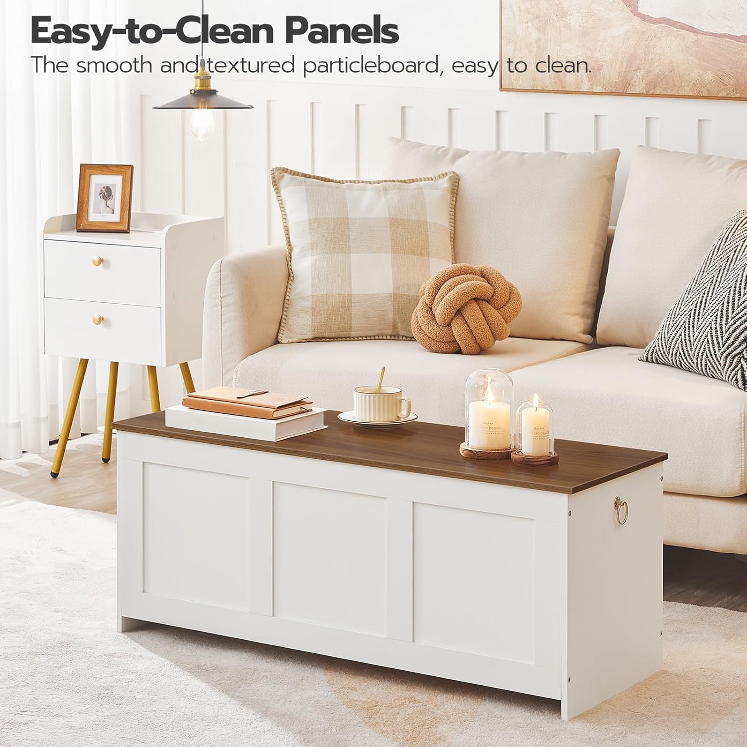 Hoobro Cassapanca Portaoggetti 100cm, Bianco e Noce - immagine 5