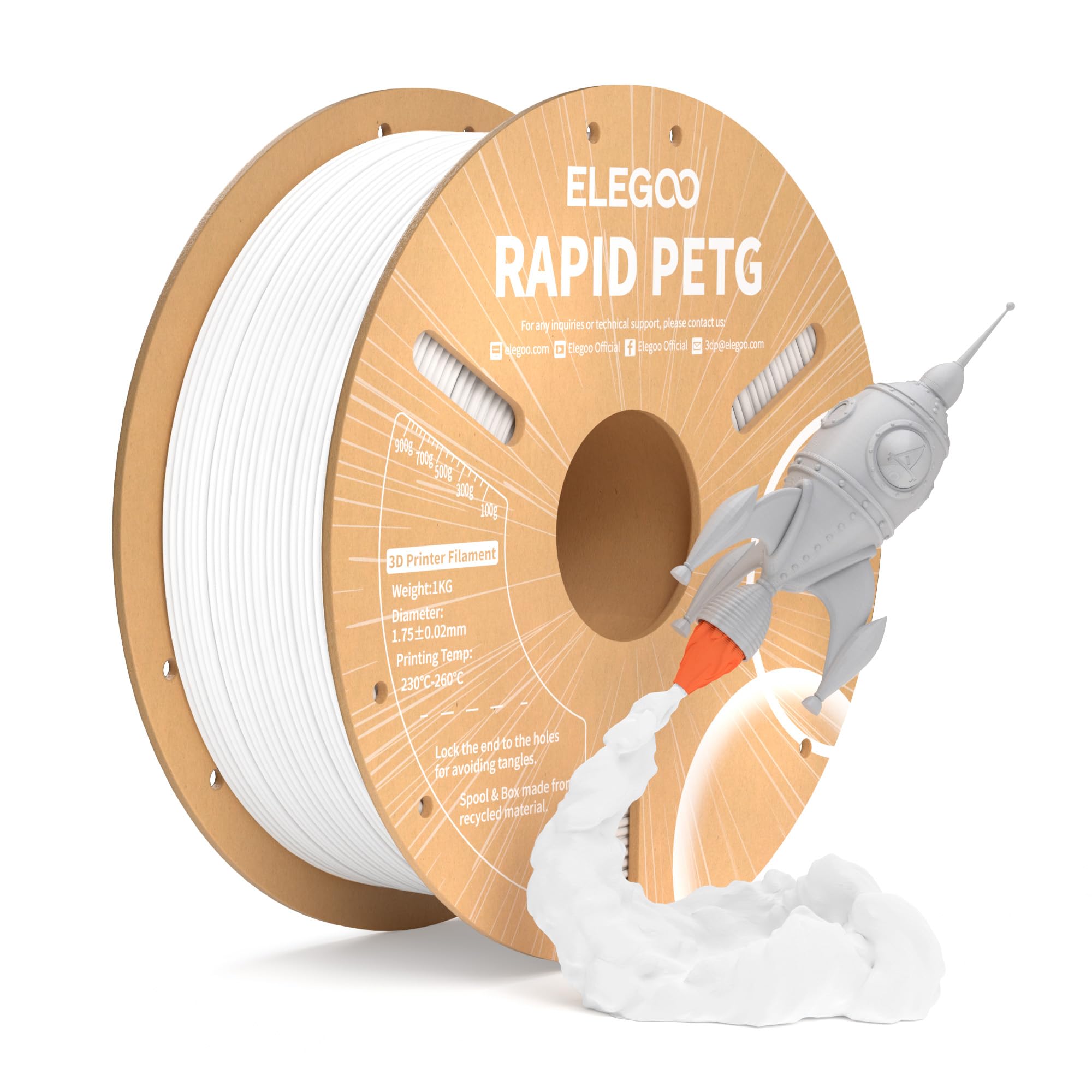 Elegoo Rapido Filamento PETG 1,75mm 1kg, Bianco