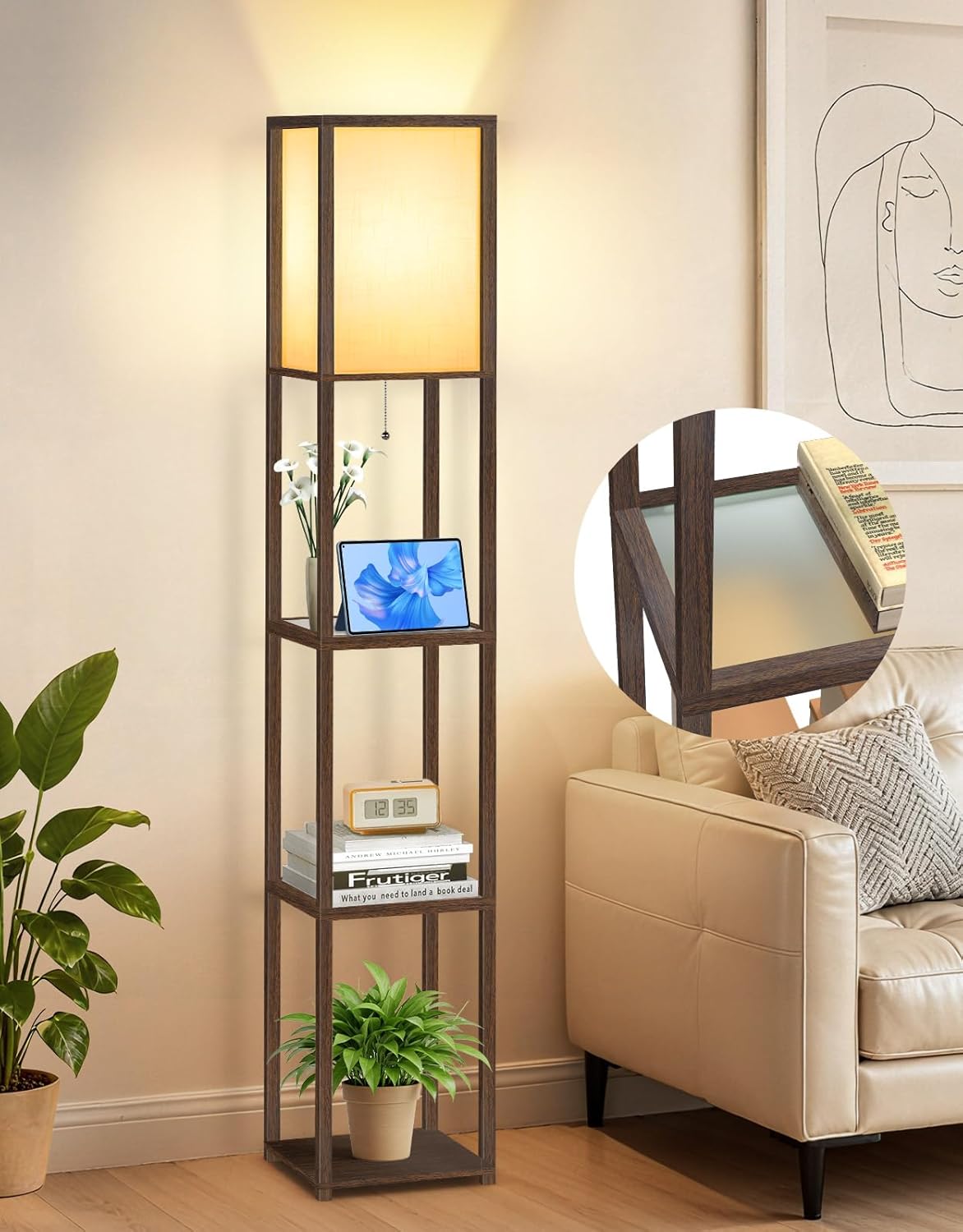 Outon Lampada da Terra con Ripiani in Vetro, Marrone - immagine 1