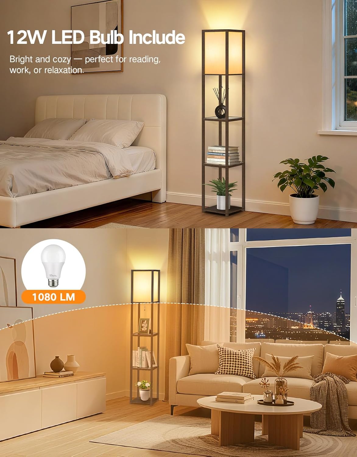 Outon Lampada da Terra con Ripiani in Vetro, Marrone - immagine 4