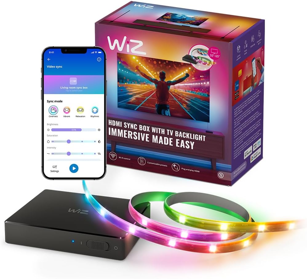 WiZ HDMI Sync Box con retroilluminazione TV, sincronizza la luce con film, giochi e musica, HDMI 2.0, Striscia LED RGBIC per TV da 55-65 pollici, controllo con App, compatibile con Google e Alexa