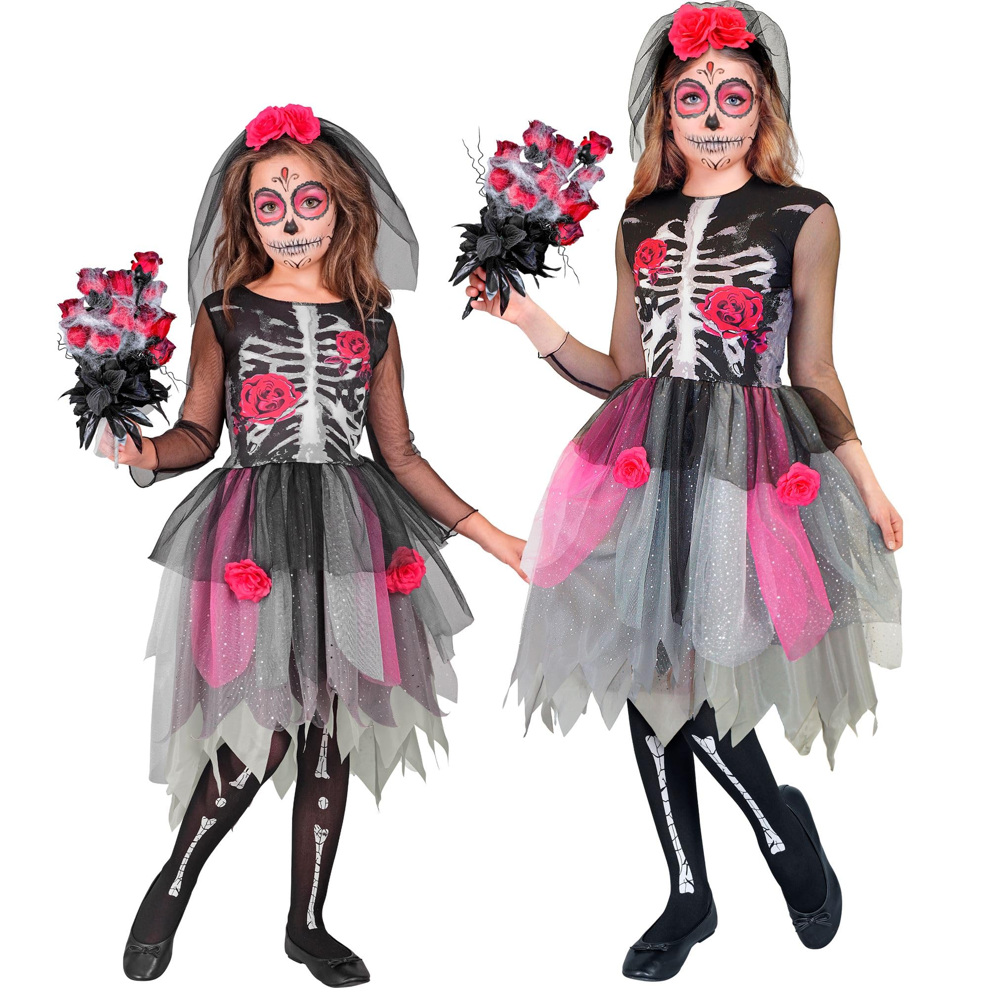 W WIDMANN MILANO Party Fashion - Costume da scheletro con fiori per bambini, vestito con cerchietto, travestimento Dia de los Muertos, Halloween