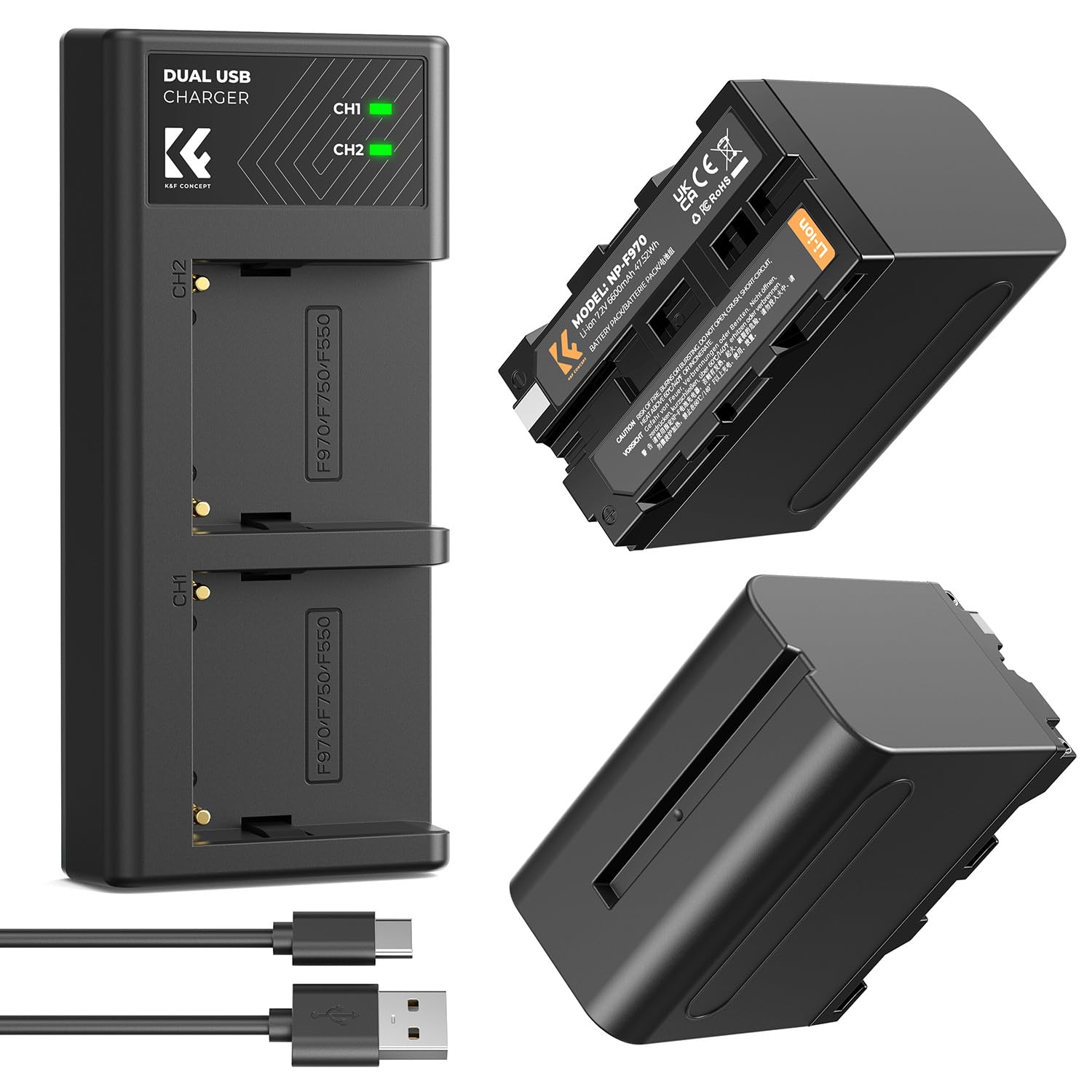 K&F Concept NP-F970 (2 pezzi) Batterie 6600mAh e Caricabatterie LED