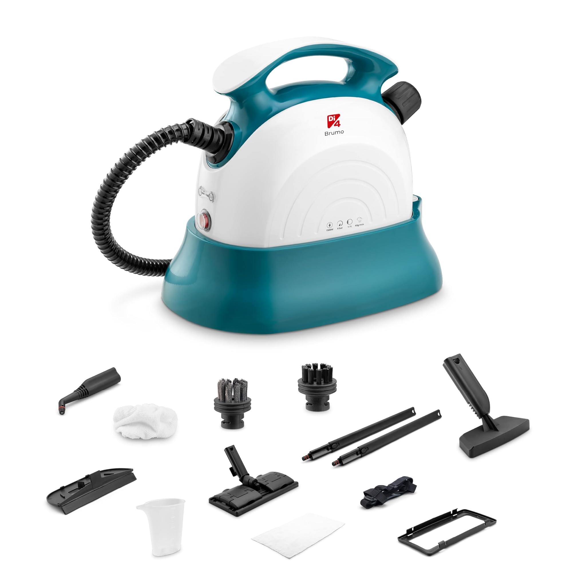 Di4 Pulitore a Vapore Brumo 1500W, 4 Bar di Pressione, Capacità 1,1L, Autonomia 22 Minuti, 12 Accessori per Pulizia e Disinfezione Senza Prodotti Chimici