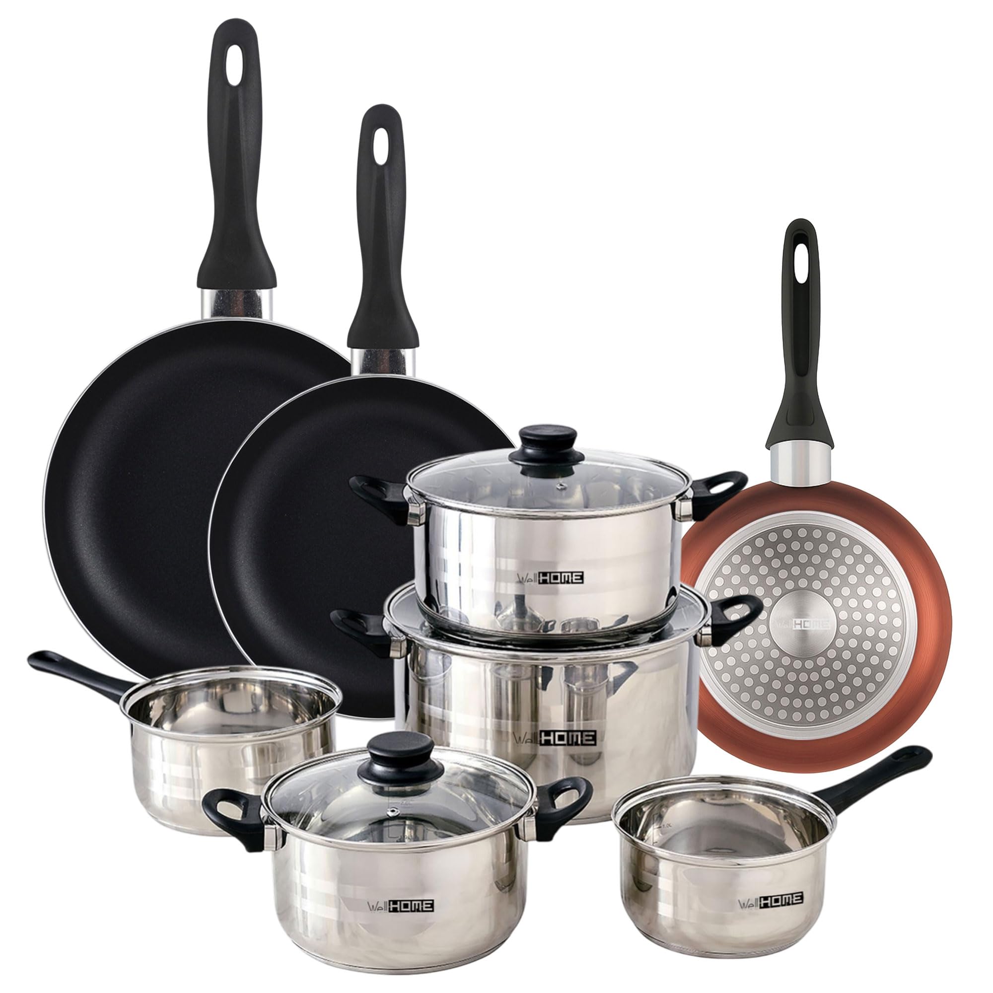 Well Home Set 8 Utensili Acciaio Inox + 3 Padelle Rame