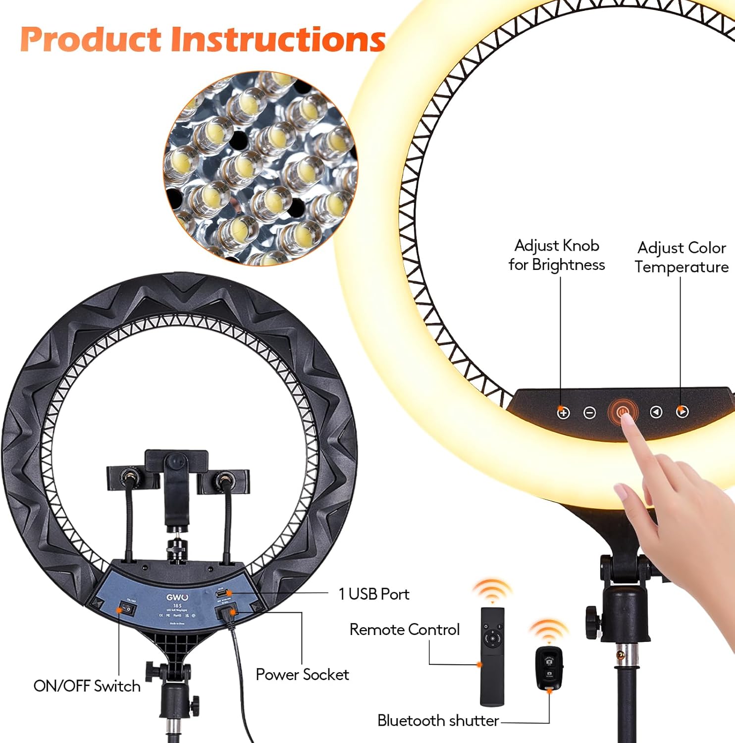 Gwo Luce Anello LED 18" con Treppiede 6000K Dimmerabile - immagine 4